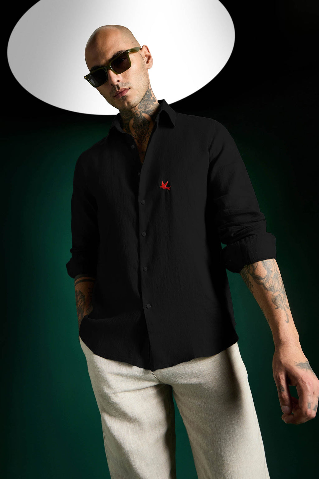 Bird Hand Embroidered Irish Linen Shirt - Black - Red