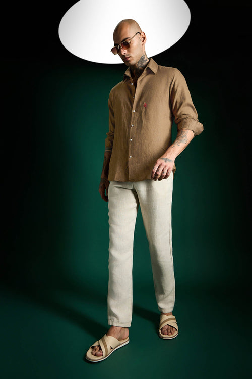 Bird Hand Embroidered Irish Linen Shirt - Cocoa Brown