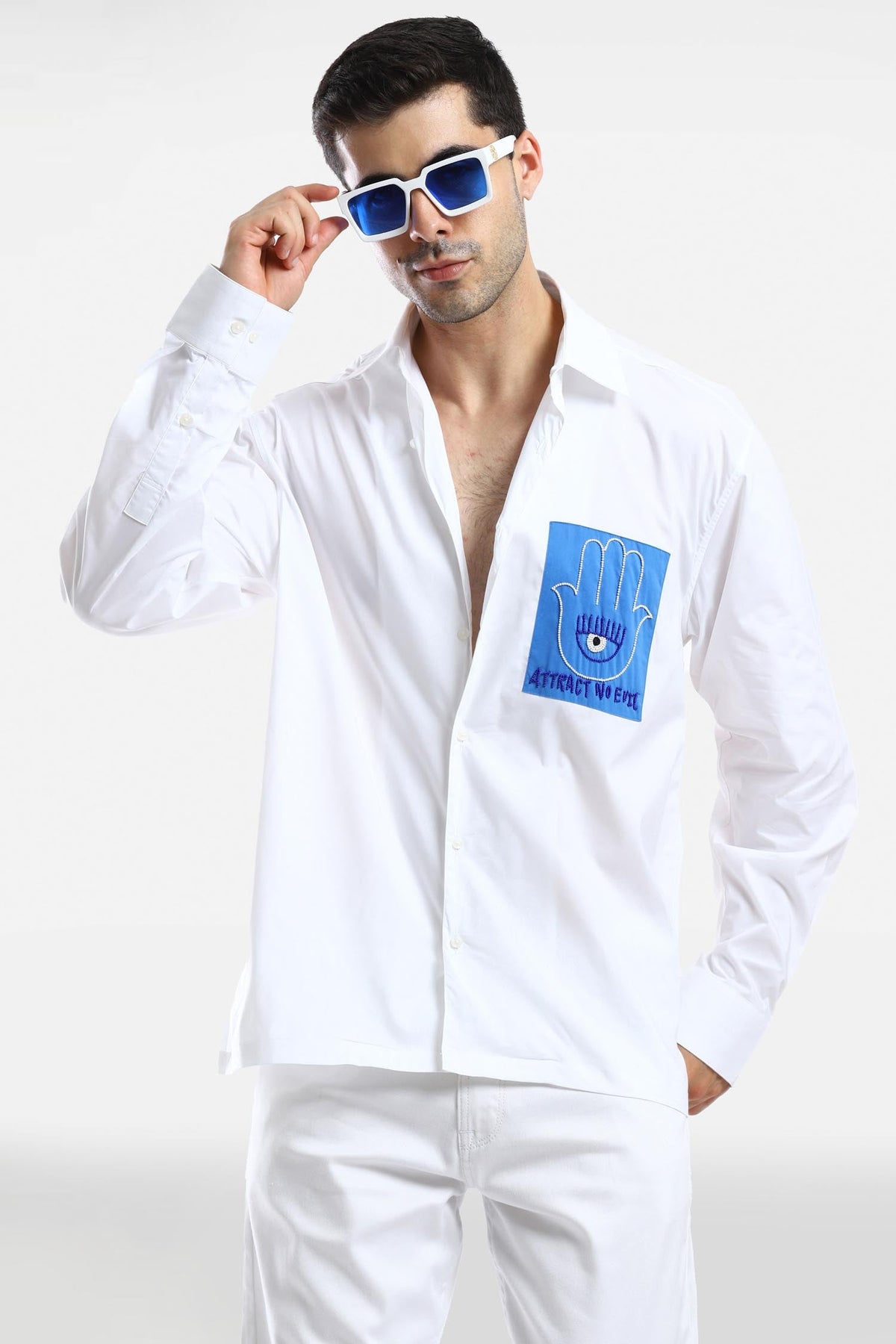 Attract no evil - Hand Embroidered Oversized Designer Shirt - White