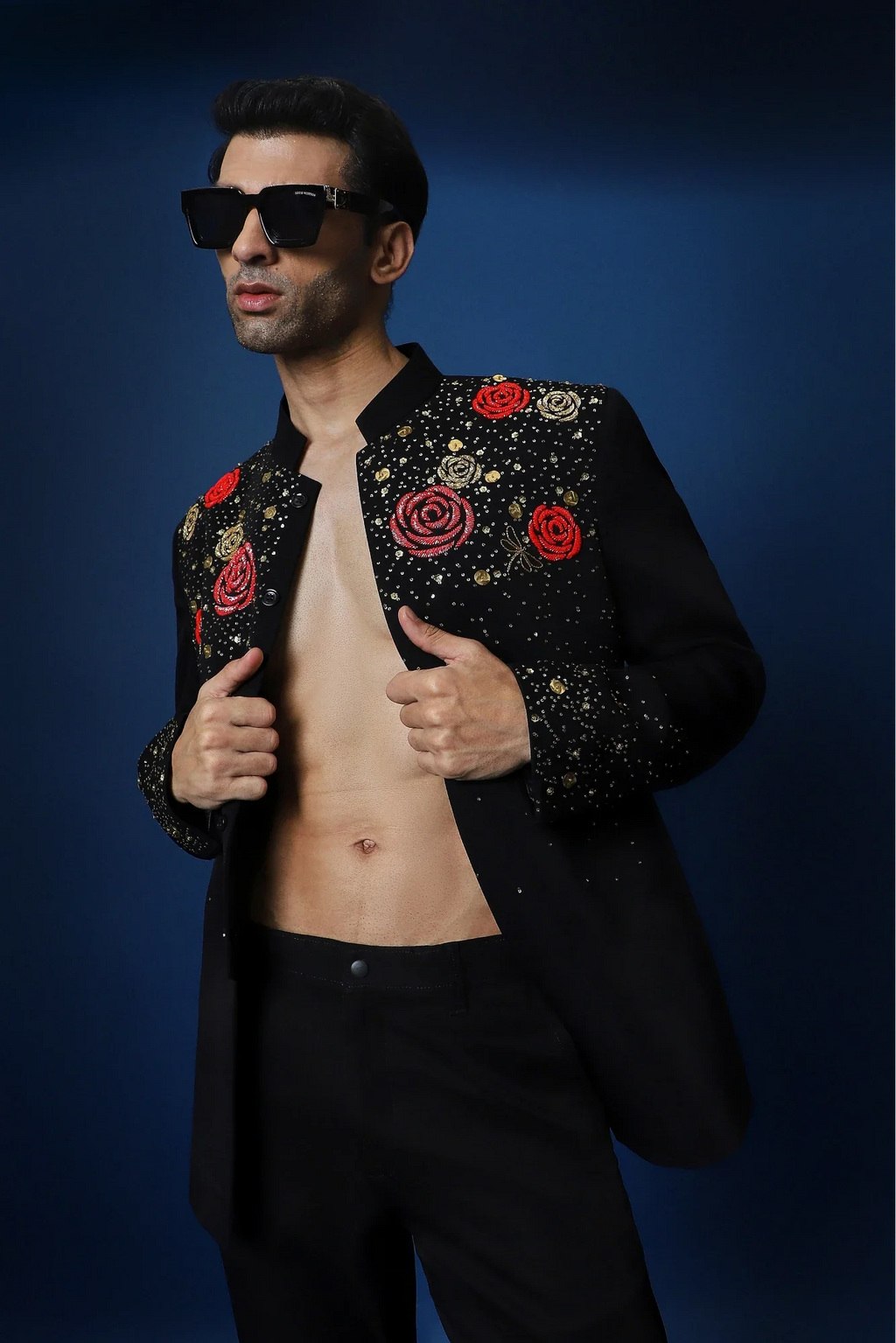 Celestial Rose Hand Embroidered Bandhgala - Black