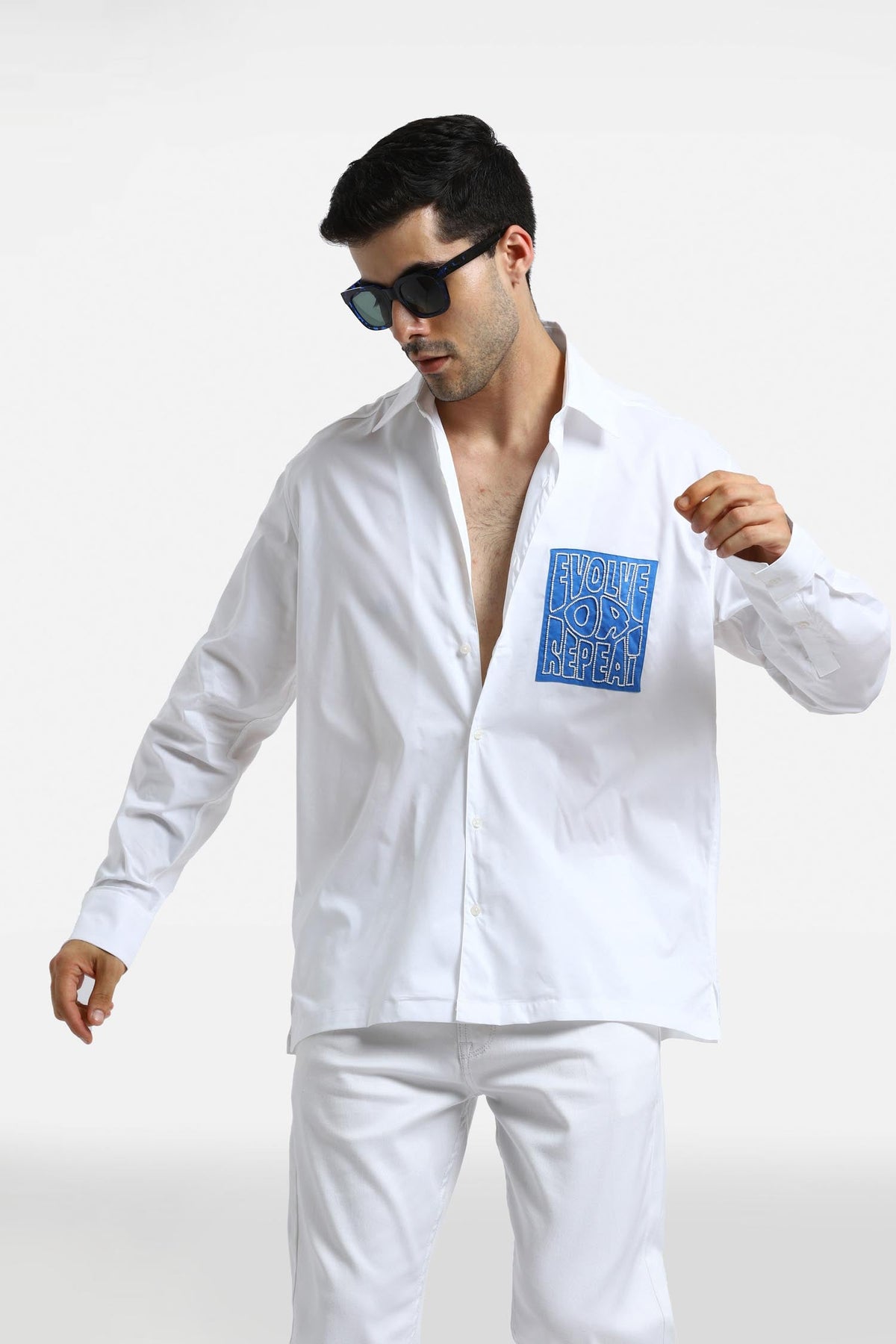 Evolve or Repeat - Hand Embroidered Oversized Designer Shirt  - White with blue