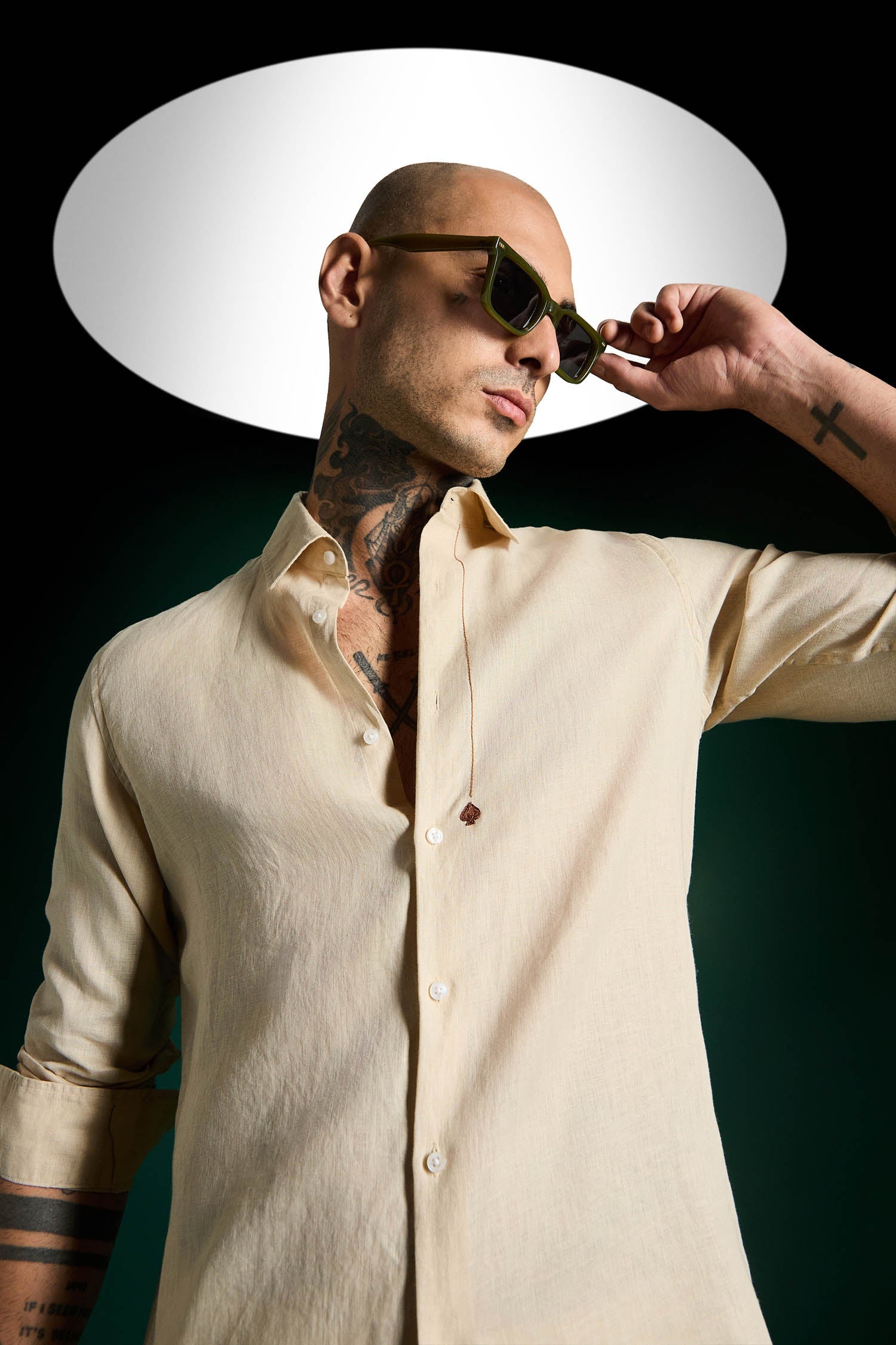 Spade Hand Embroidered Irish Linen Shirt - Beige