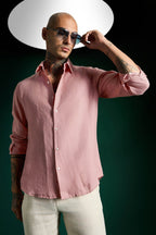 Irish Hand Embroidered Linen Shirt - Salmon Pink