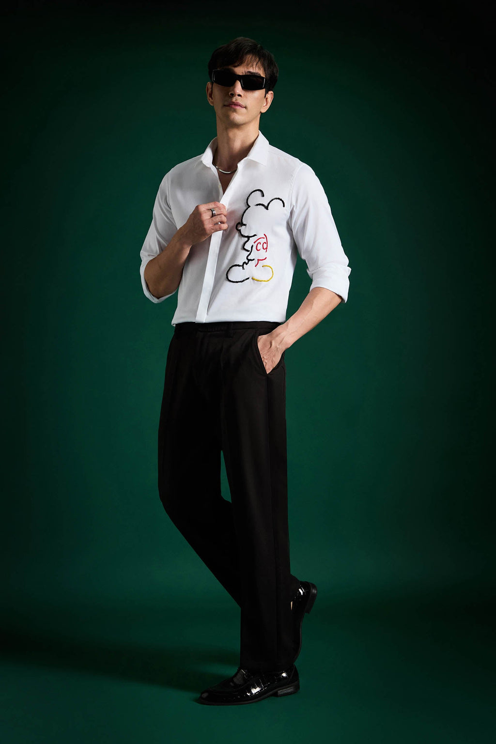 Big Mickey - White Hand Embroidered Designer Shirt - White