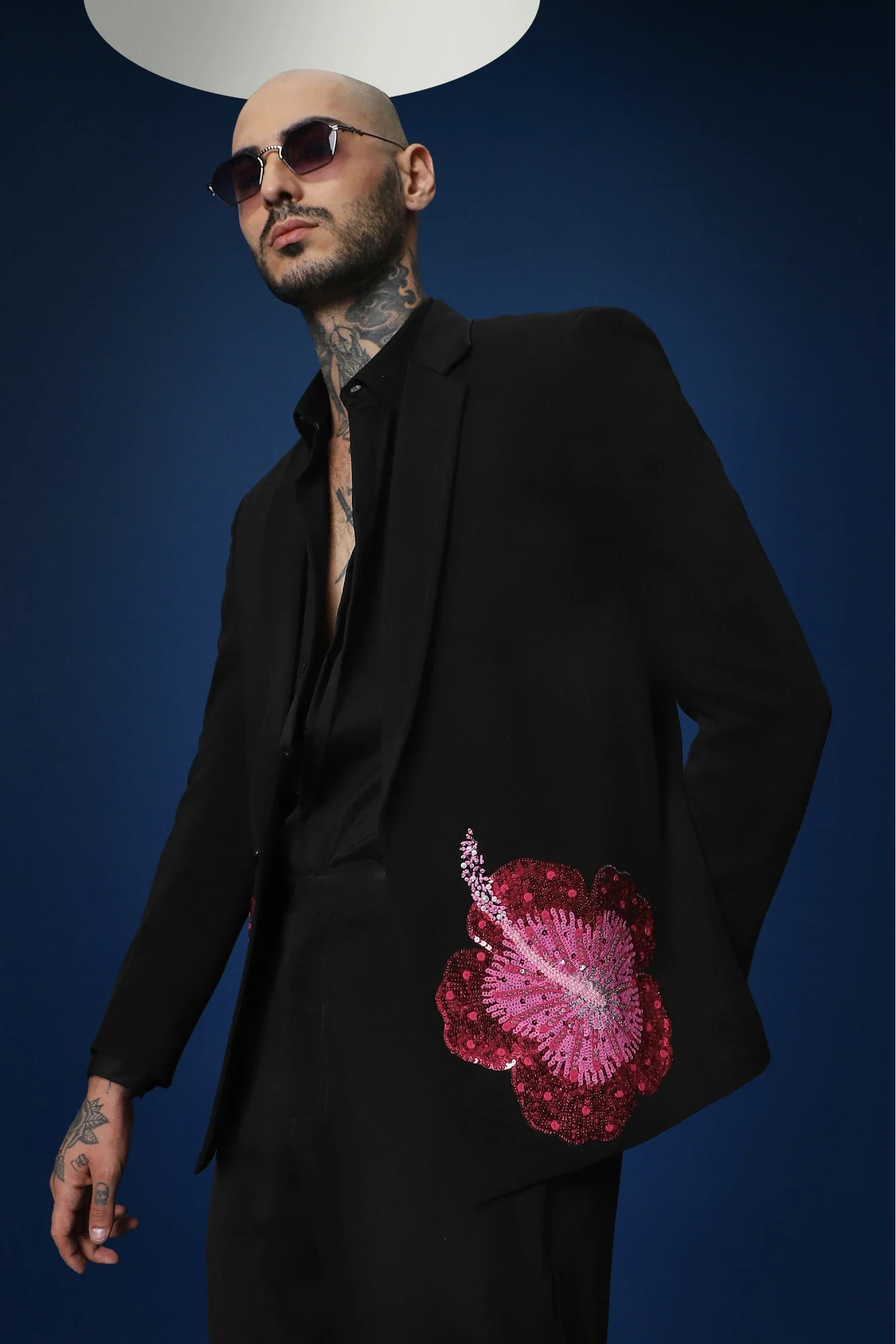 Hibiscus  Hand Embroidered Tuxedo - Black