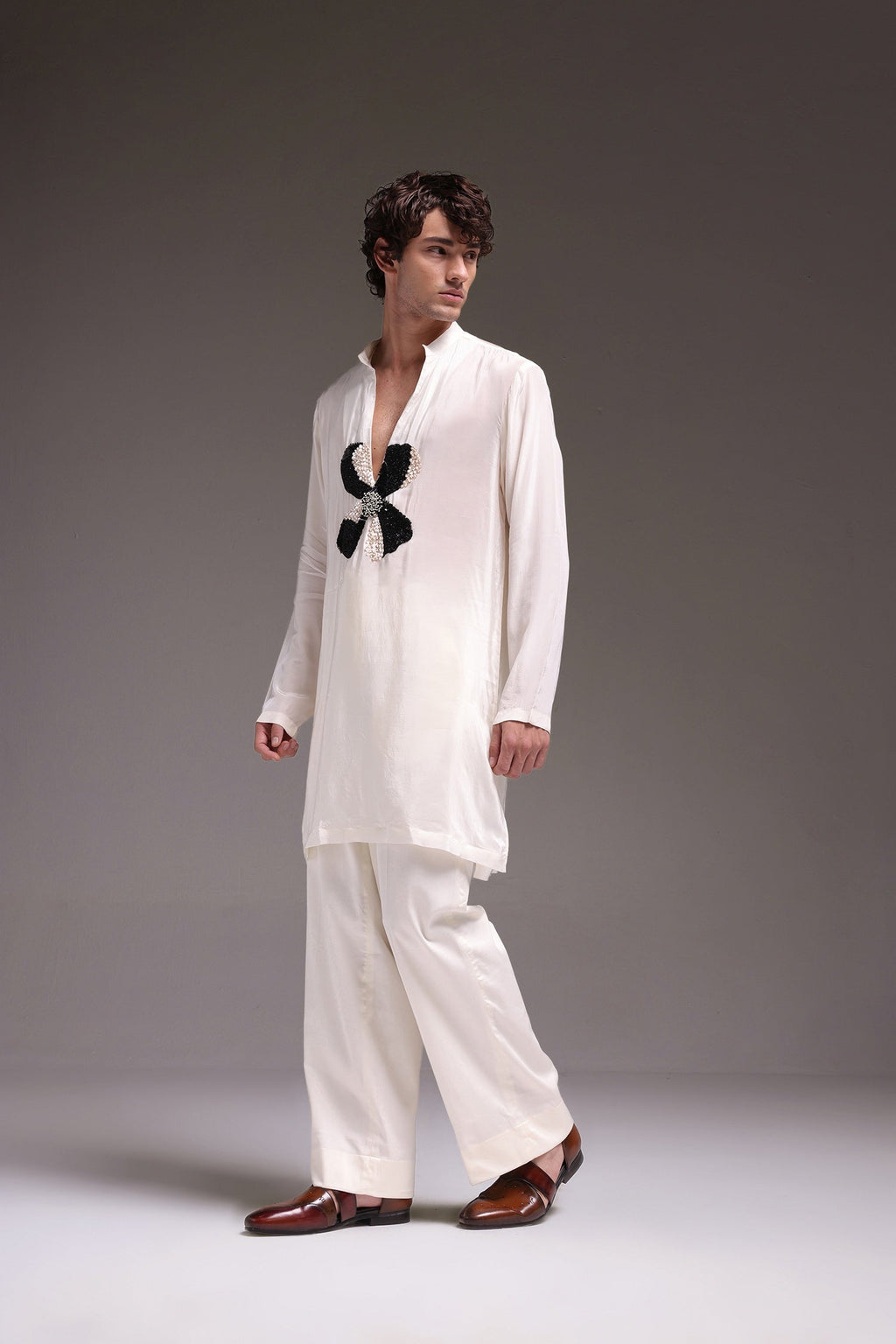 Mallow(Flower) - Hand Embroidered Designer Kurta - Ivory