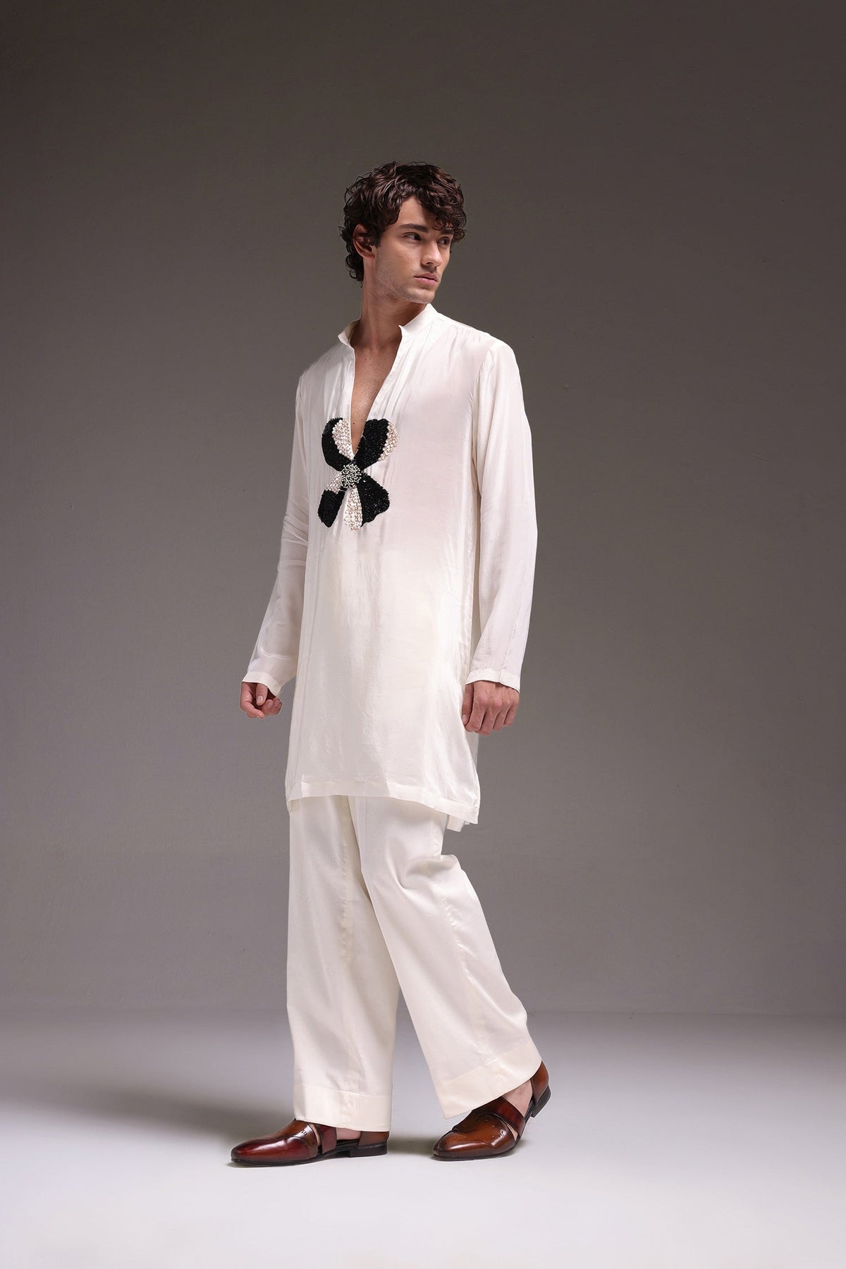 Mallow(Flower) - Hand Embroidered Designer Kurta - Ivory