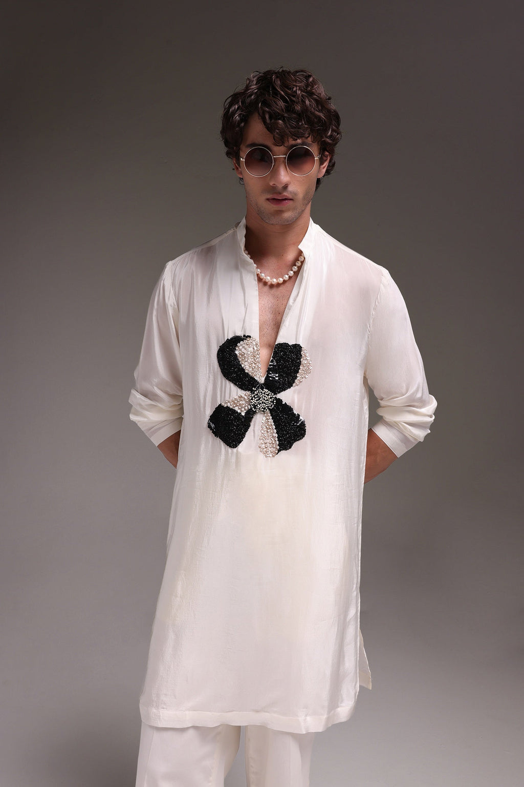 Mallow(Flower) - Hand Embroidered Designer Kurta - Ivory