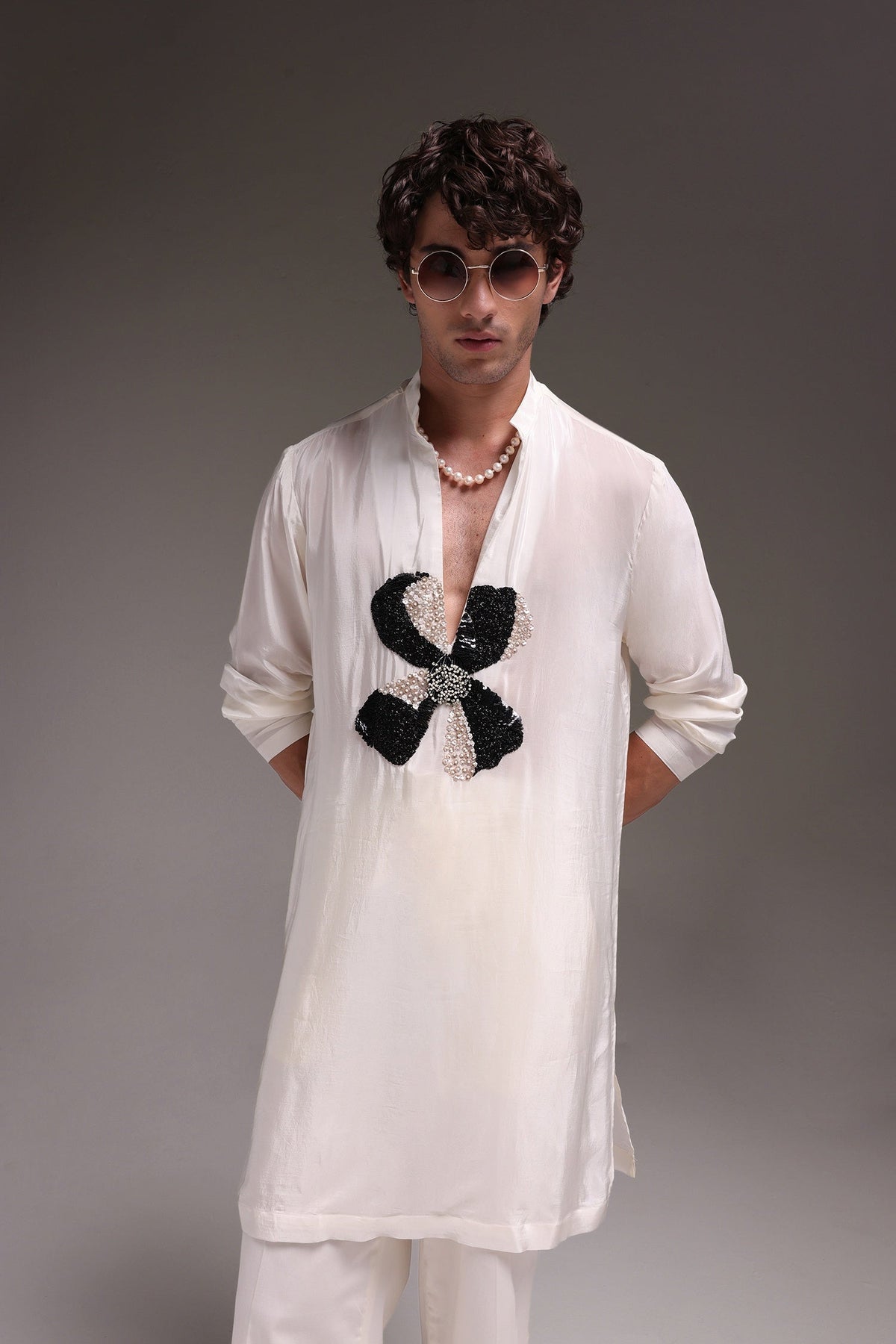 Mallow(Flower) - Hand Embroidered Designer Kurta - Ivory