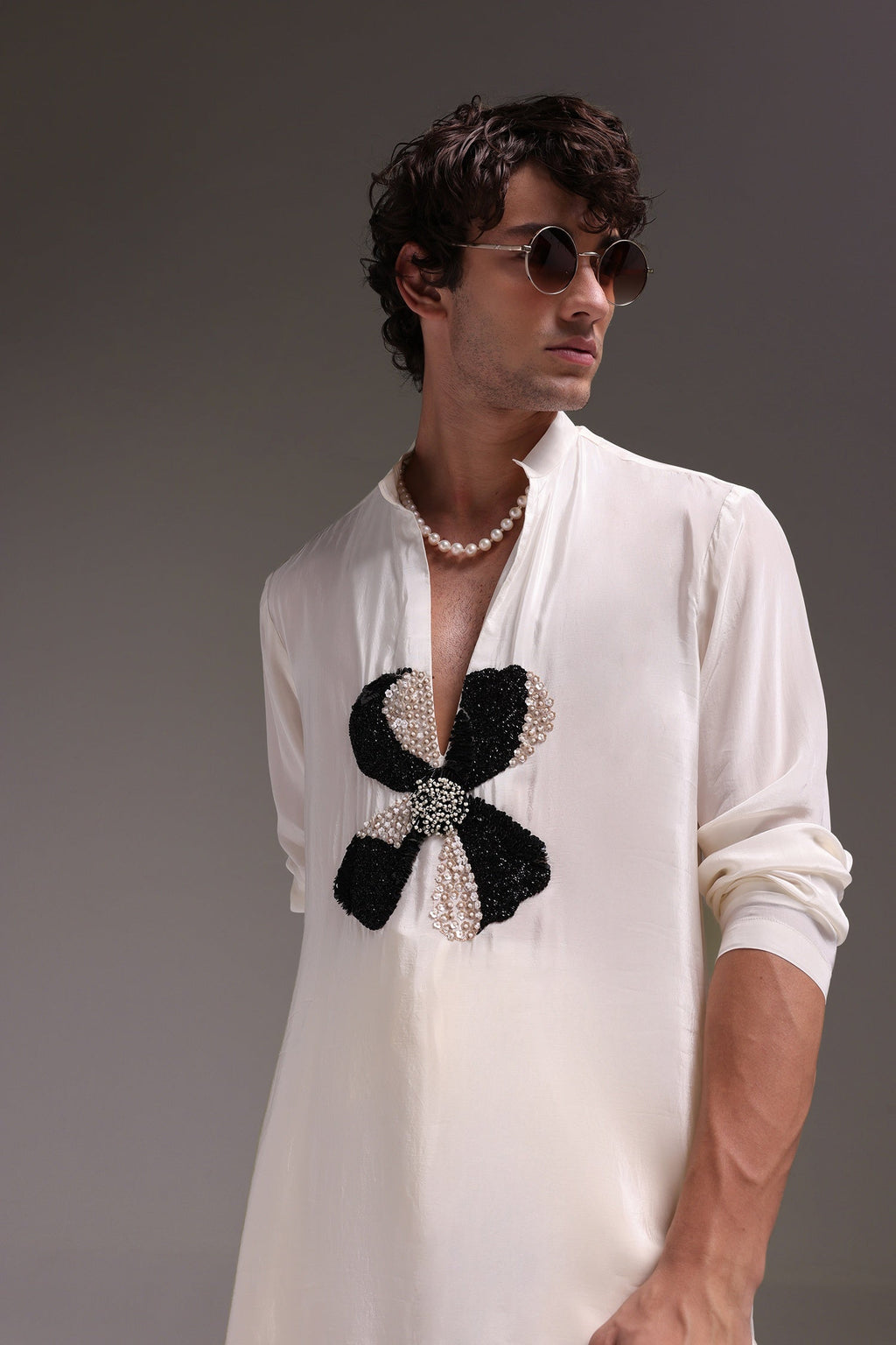 Mallow(Flower) - Hand Embroidered Designer Kurta - Ivory