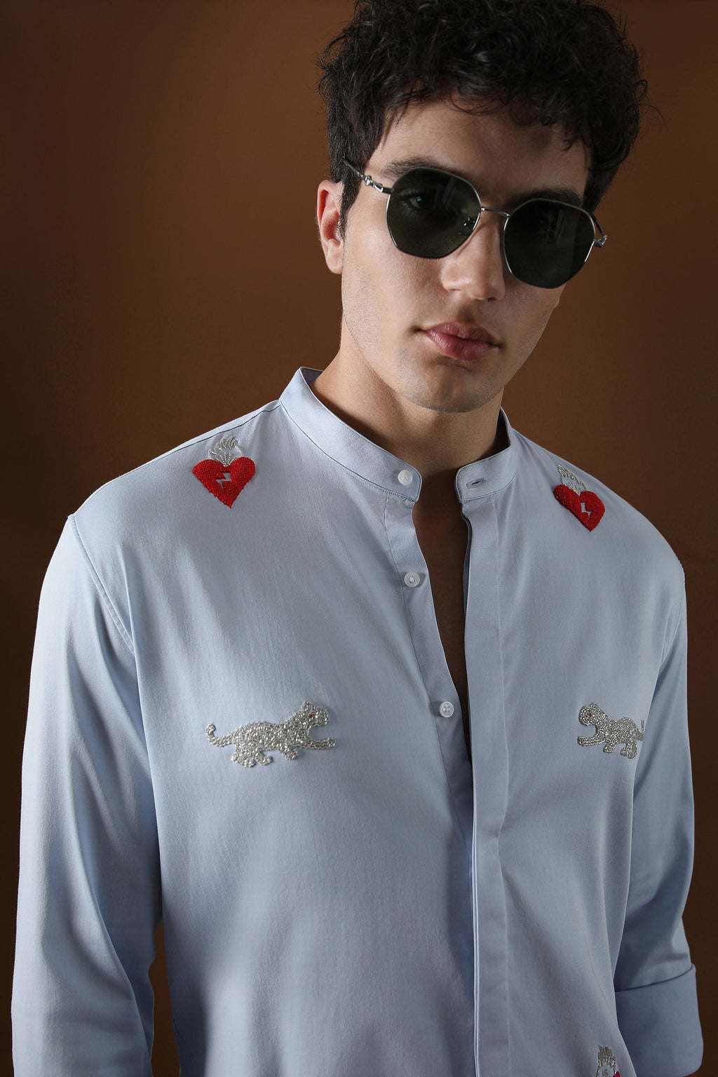 Heart and Panther Hand Embroidered Designer Kurta - Powder Blue