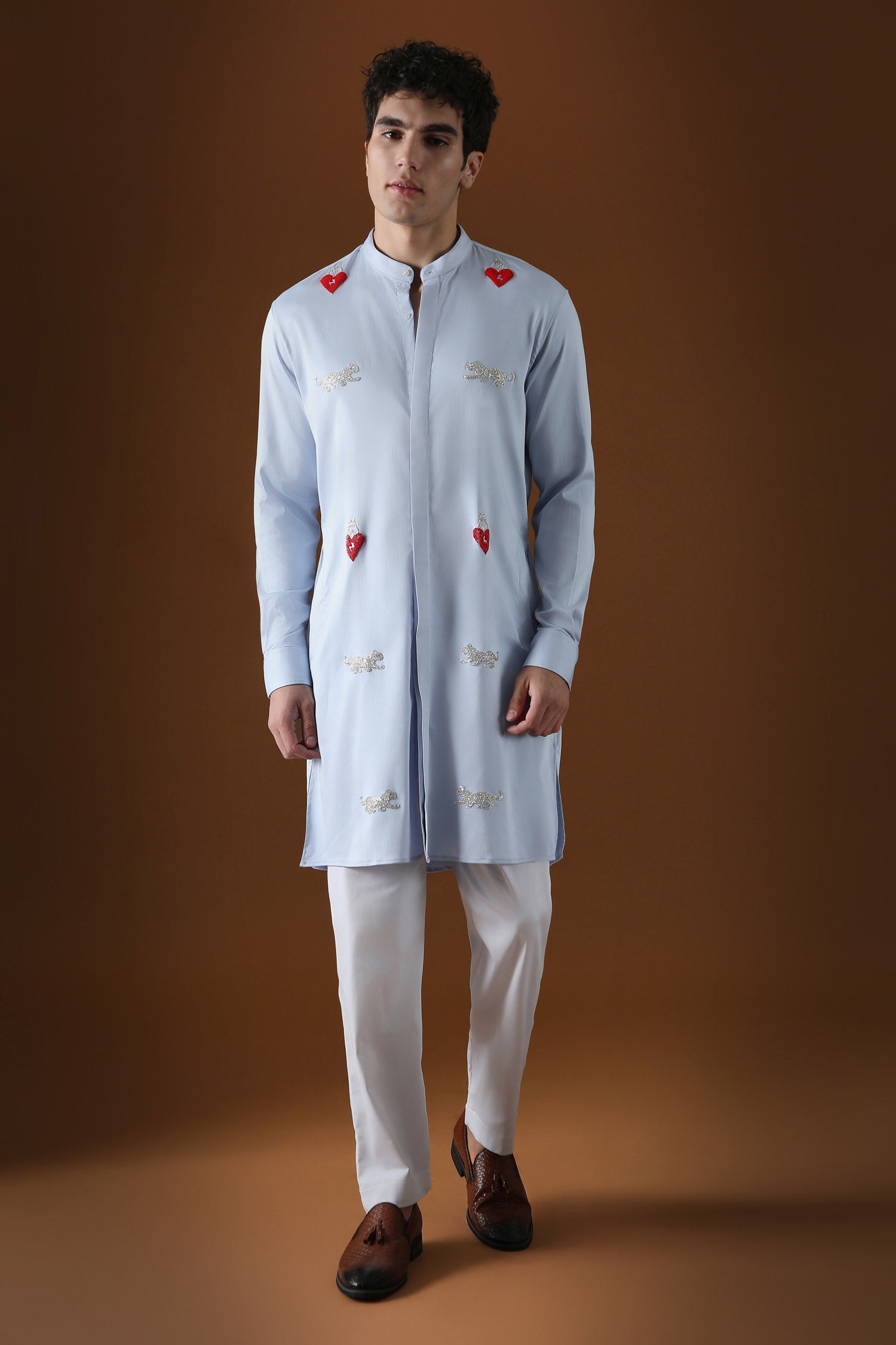 Heart and Panther Hand Embroidered Designer Kurta - Powder Blue