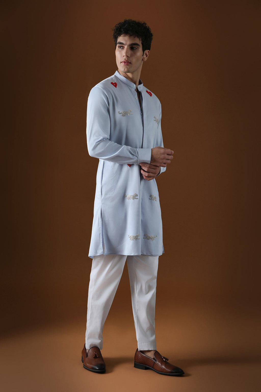 Heart and Panther Hand Embroidered Designer Kurta - Powder Blue
