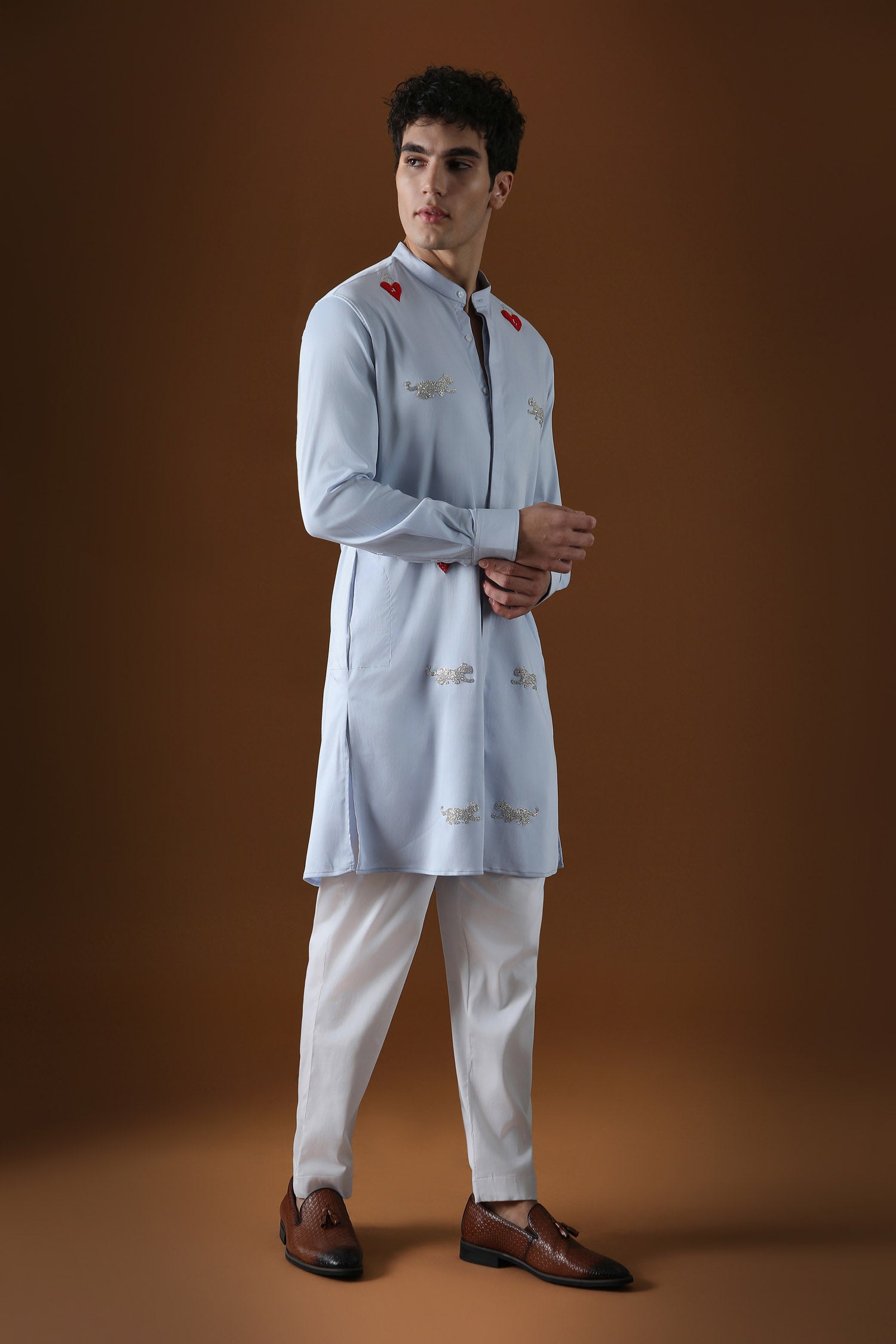 Heart and Panther Hand Embroidered Designer Kurta - Powder Blue