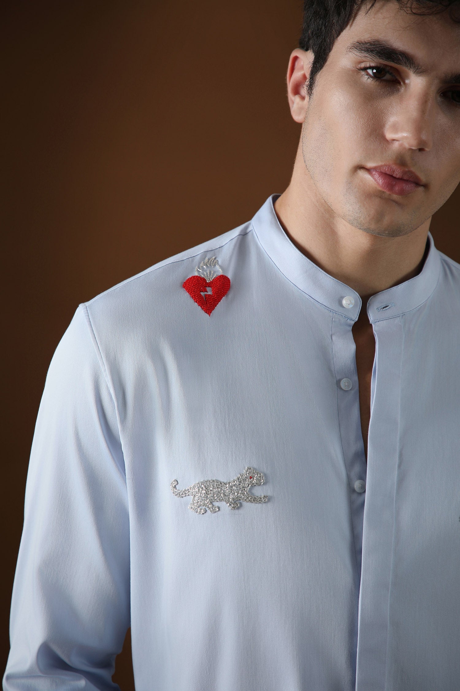 Heart and Panther Hand Embroidered Designer Kurta - Powder Blue