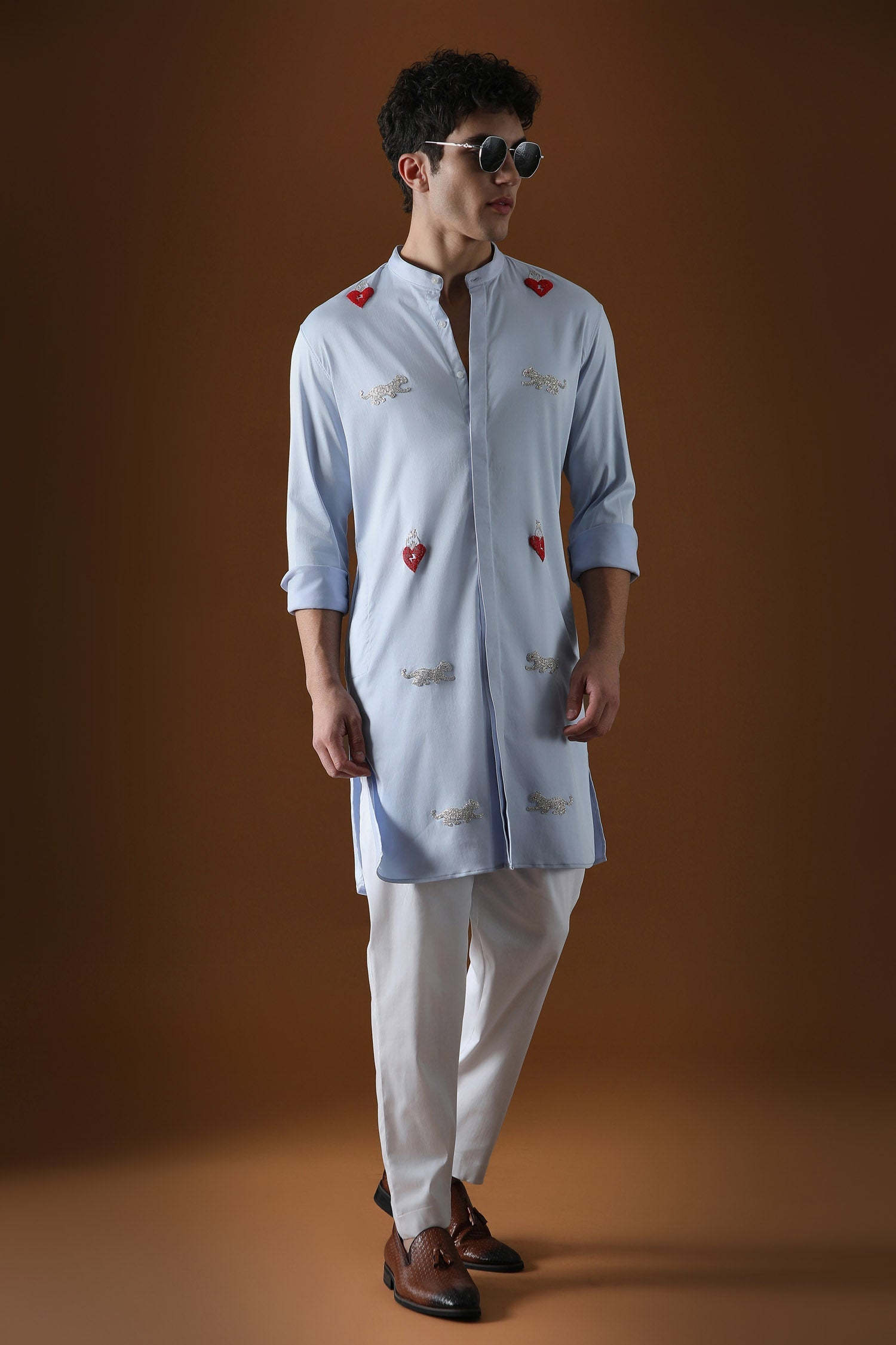 Heart and Panther Hand Embroidered Designer Kurta - Powder Blue