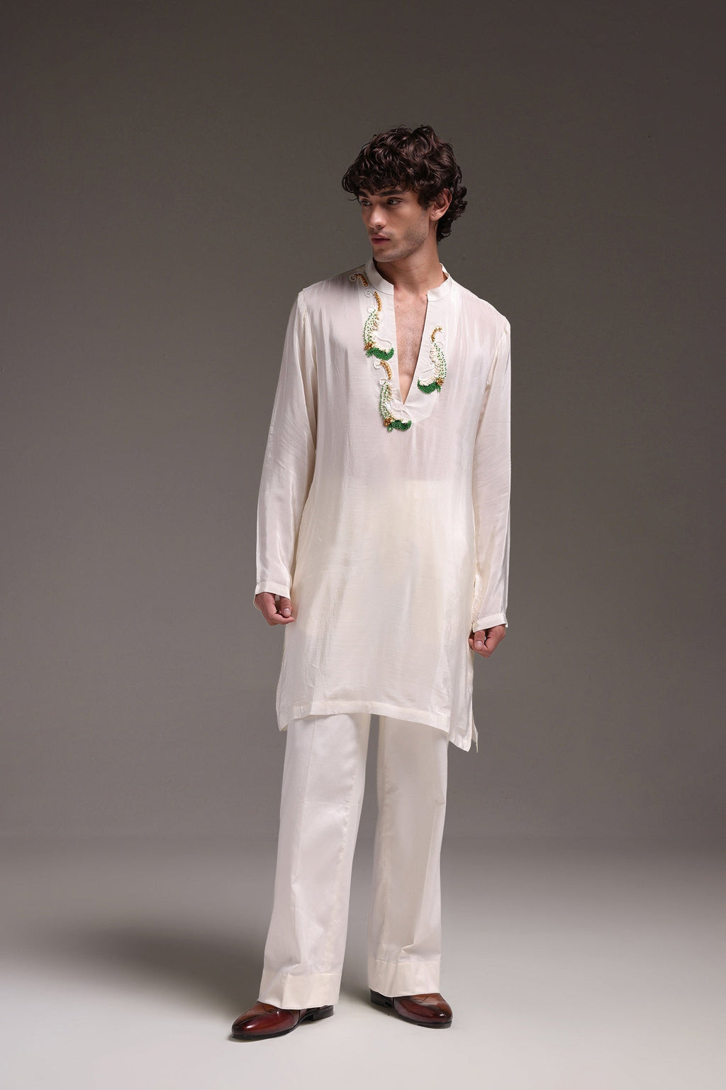 Ambi (Paisley) - Hand Embroidered Designer Kurta - Ivory