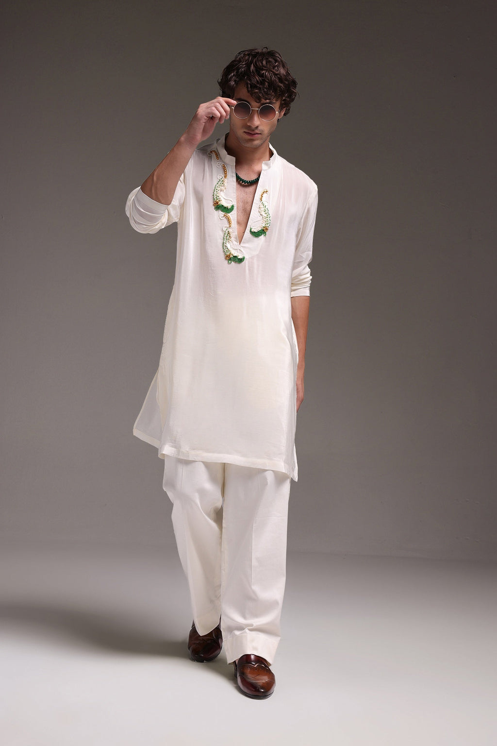 Ambi (Paisley) - Hand Embroidered Designer Kurta - Ivory