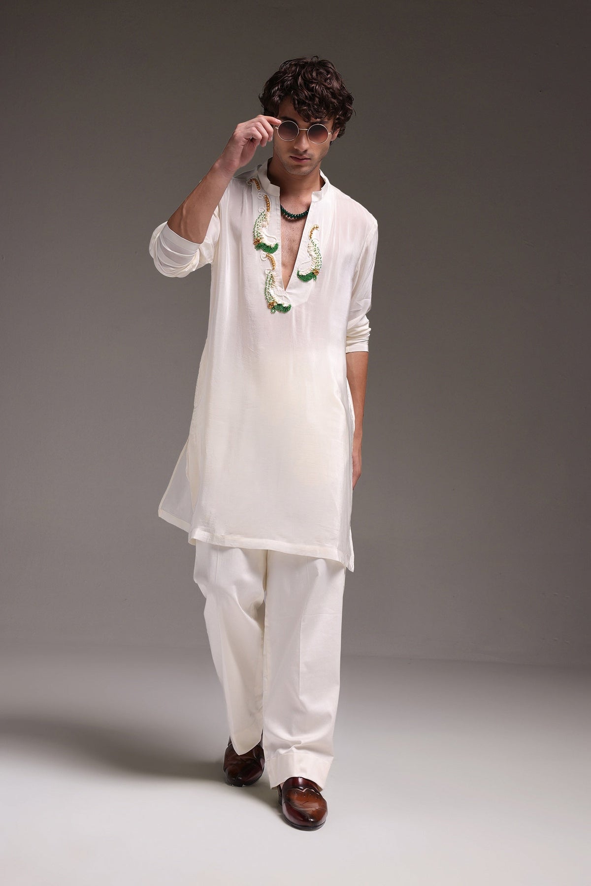 Ambi (Paisley) - Hand Embroidered Designer Kurta - Ivory