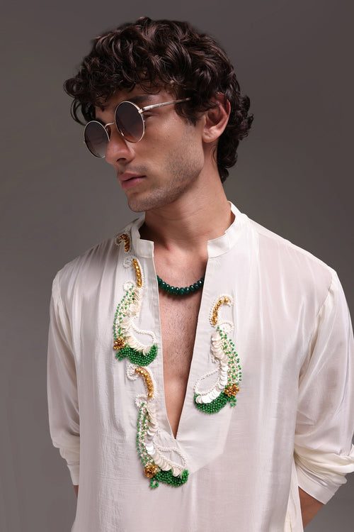 Ambi (Paisley) - Hand Embroidered Designer Kurta - Ivory