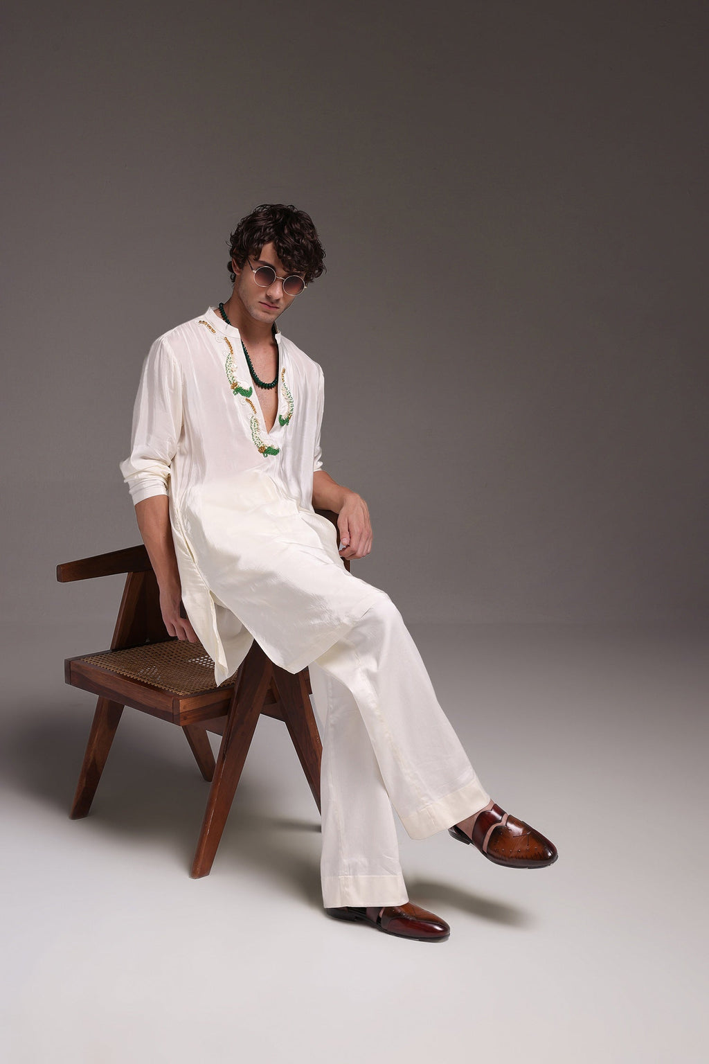 Ambi (Paisley) - Hand Embroidered Designer Kurta - Ivory