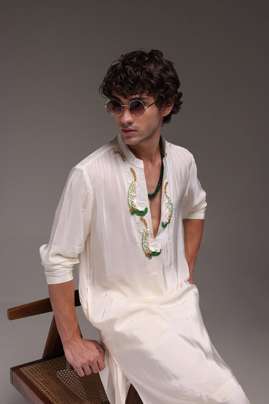 Ambi (Paisley) - Hand Embroidered Designer Kurta - Ivory
