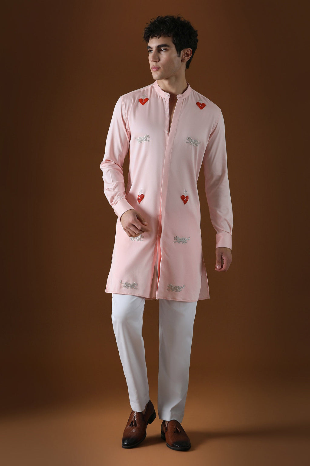 Heart and Panther Hand Embroidered Designer Kurta - Baby Pink
