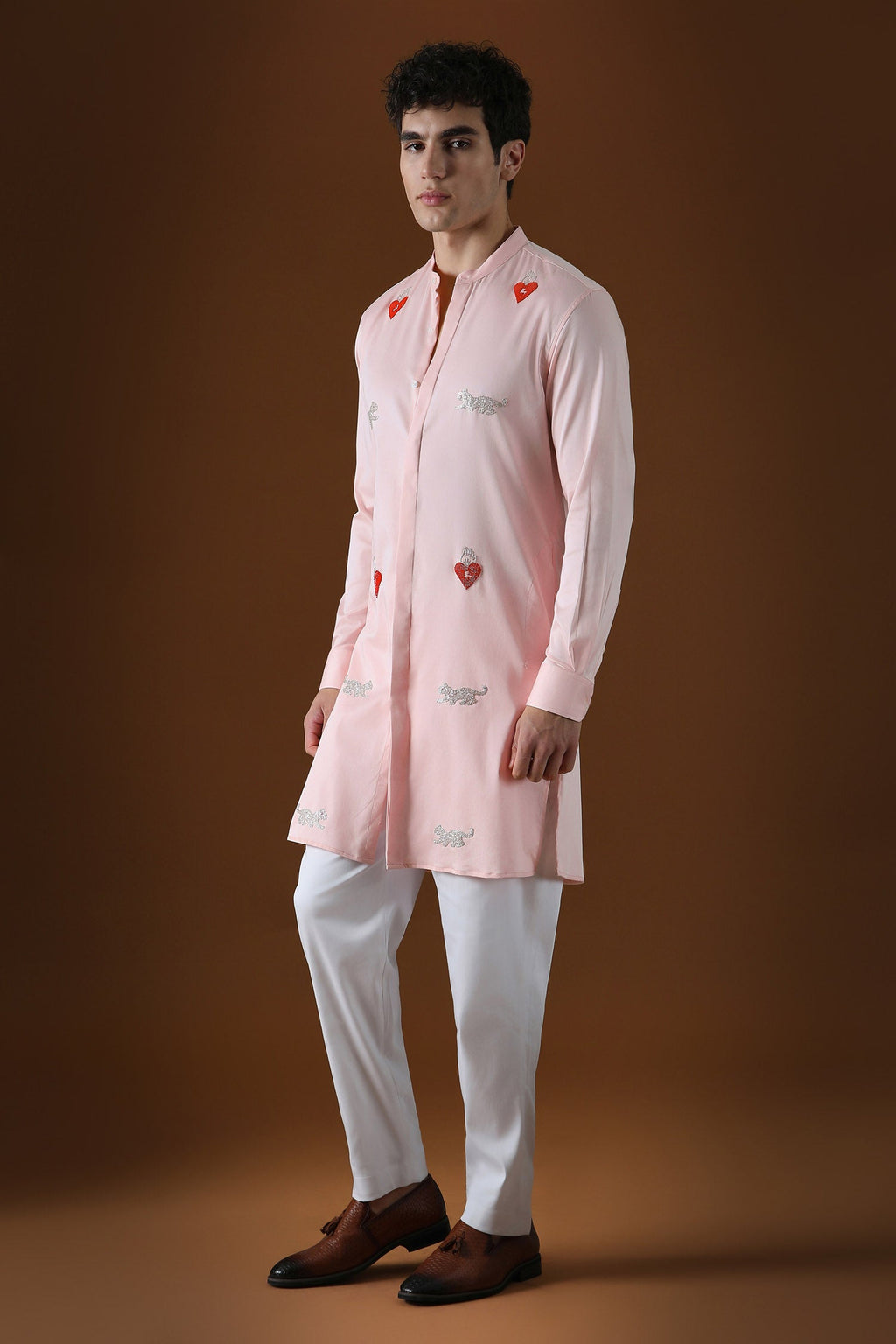 Heart and Panther Hand Embroidered Designer Kurta - Baby Pink