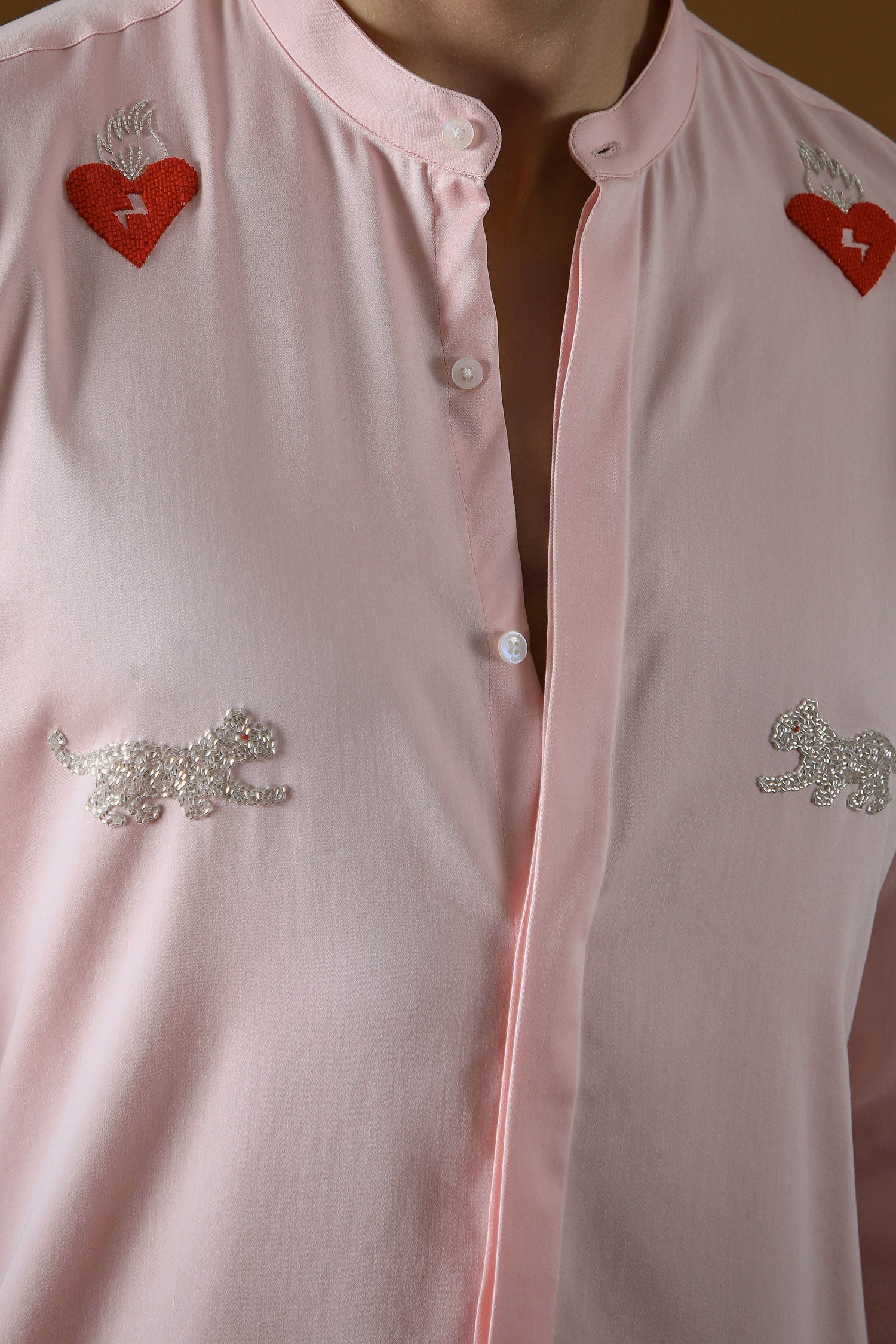 Heart and Panther Hand Embroidered Designer Kurta - Baby Pink