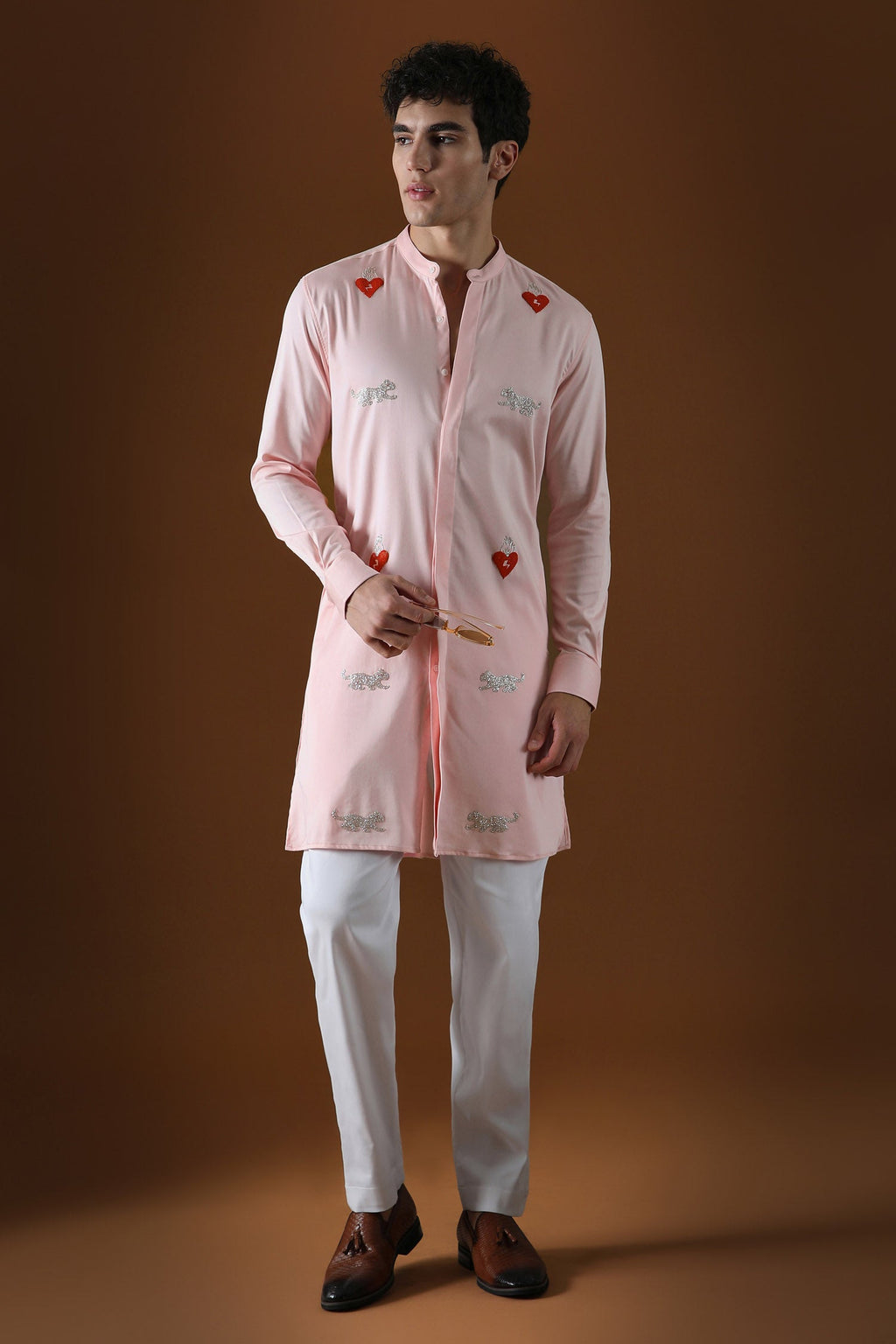 Heart and Panther Hand Embroidered Designer Kurta - Baby Pink