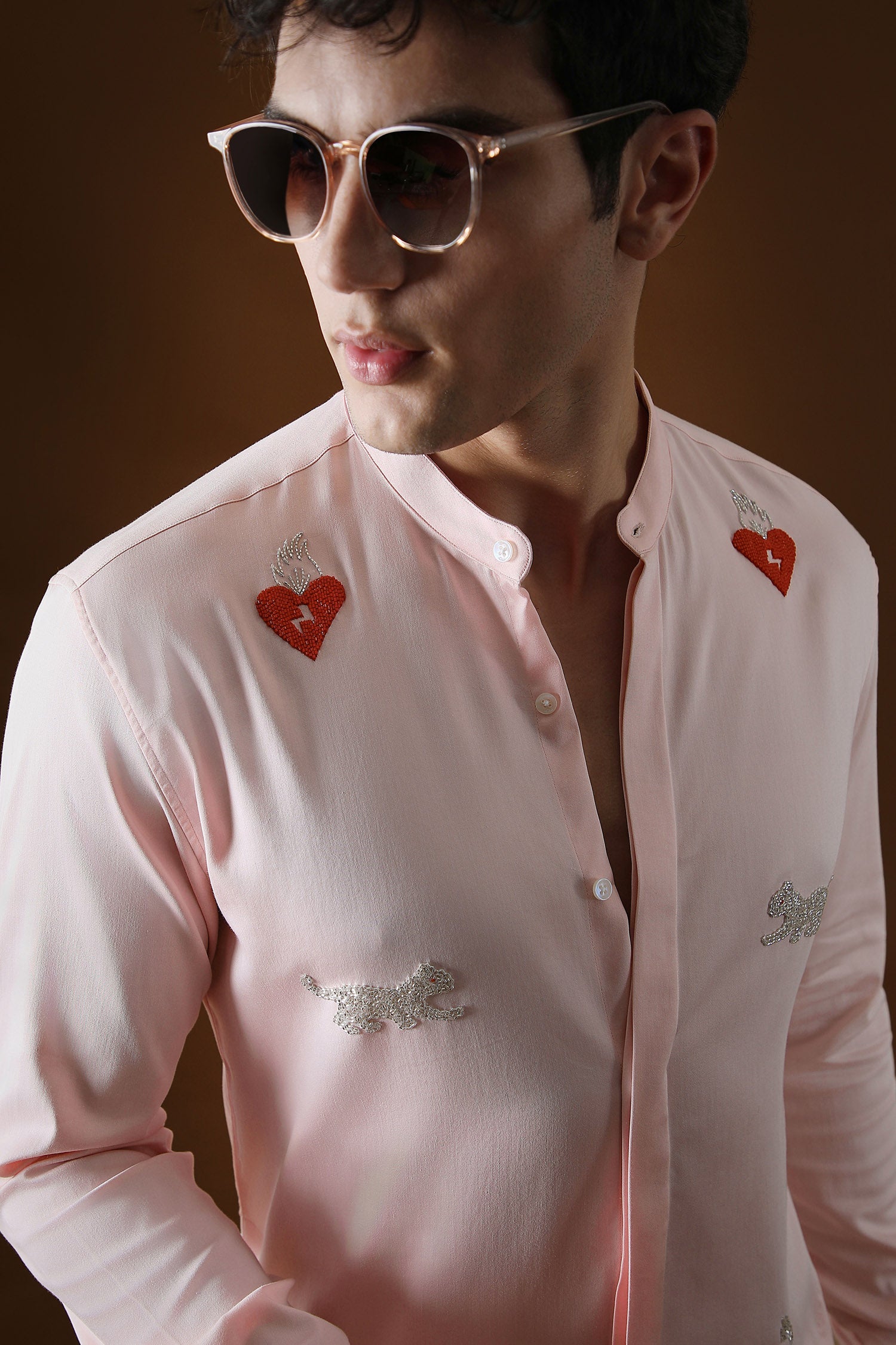 Heart and Panther Hand Embroidered Designer Kurta - Baby Pink