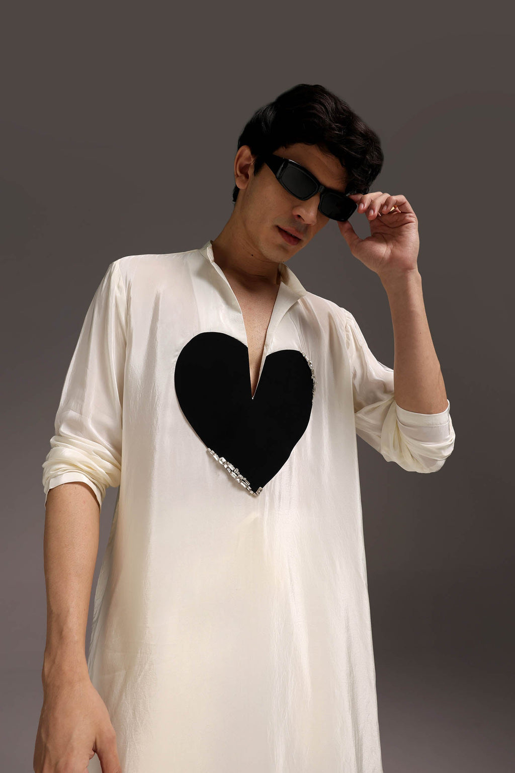 HeartThrob (Rhinestone) - Hand Embroidered Designer Kurta - Ivory