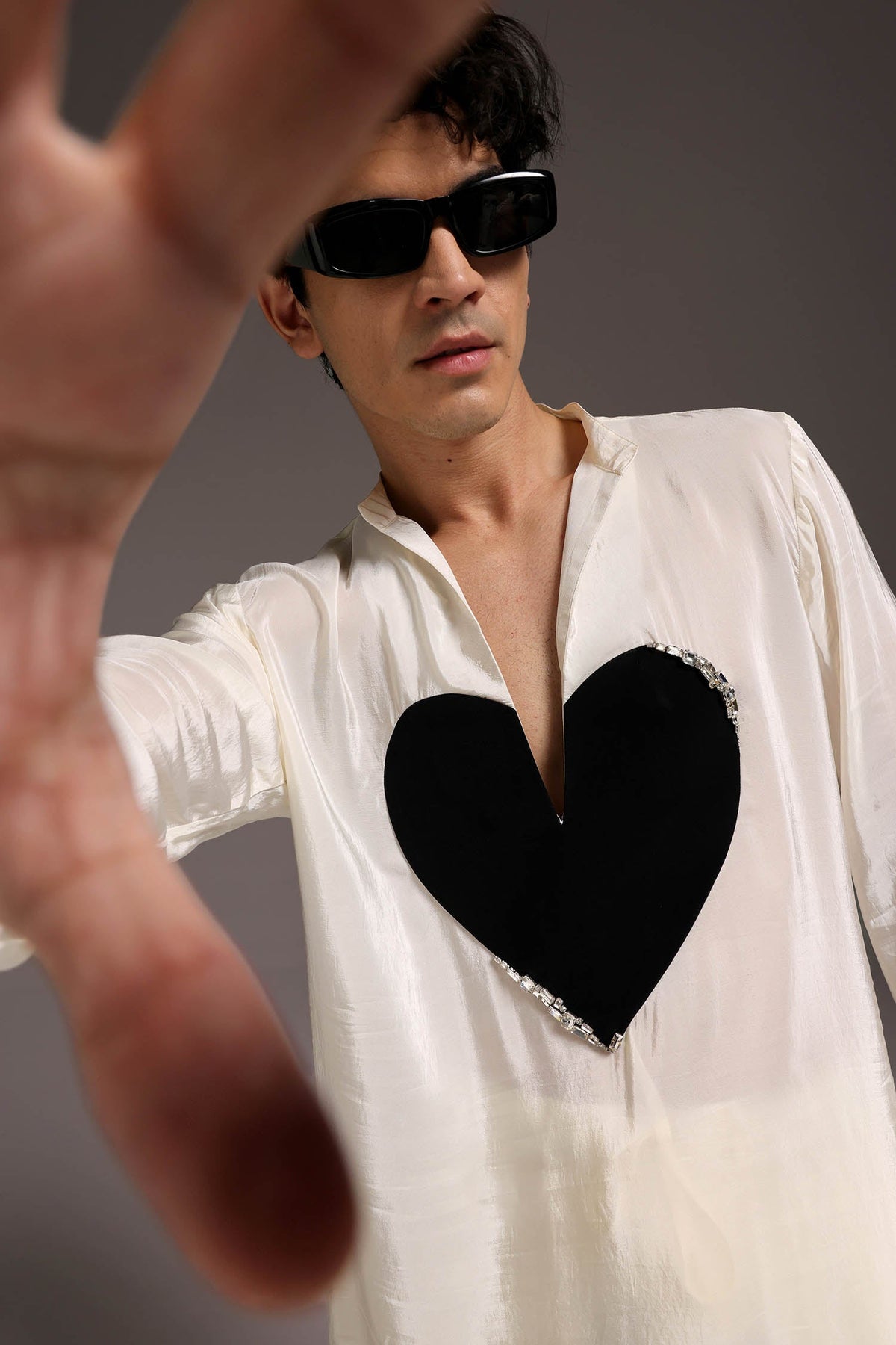 HeartThrob (Rhinestone) - Hand Embroidered Designer Kurta - Ivory
