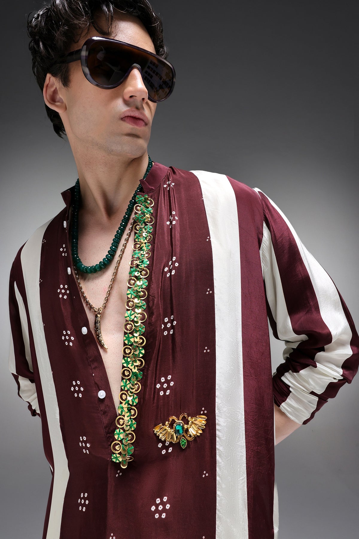Eros - Hand Embroidered Designer Kurta - Wine Stripes