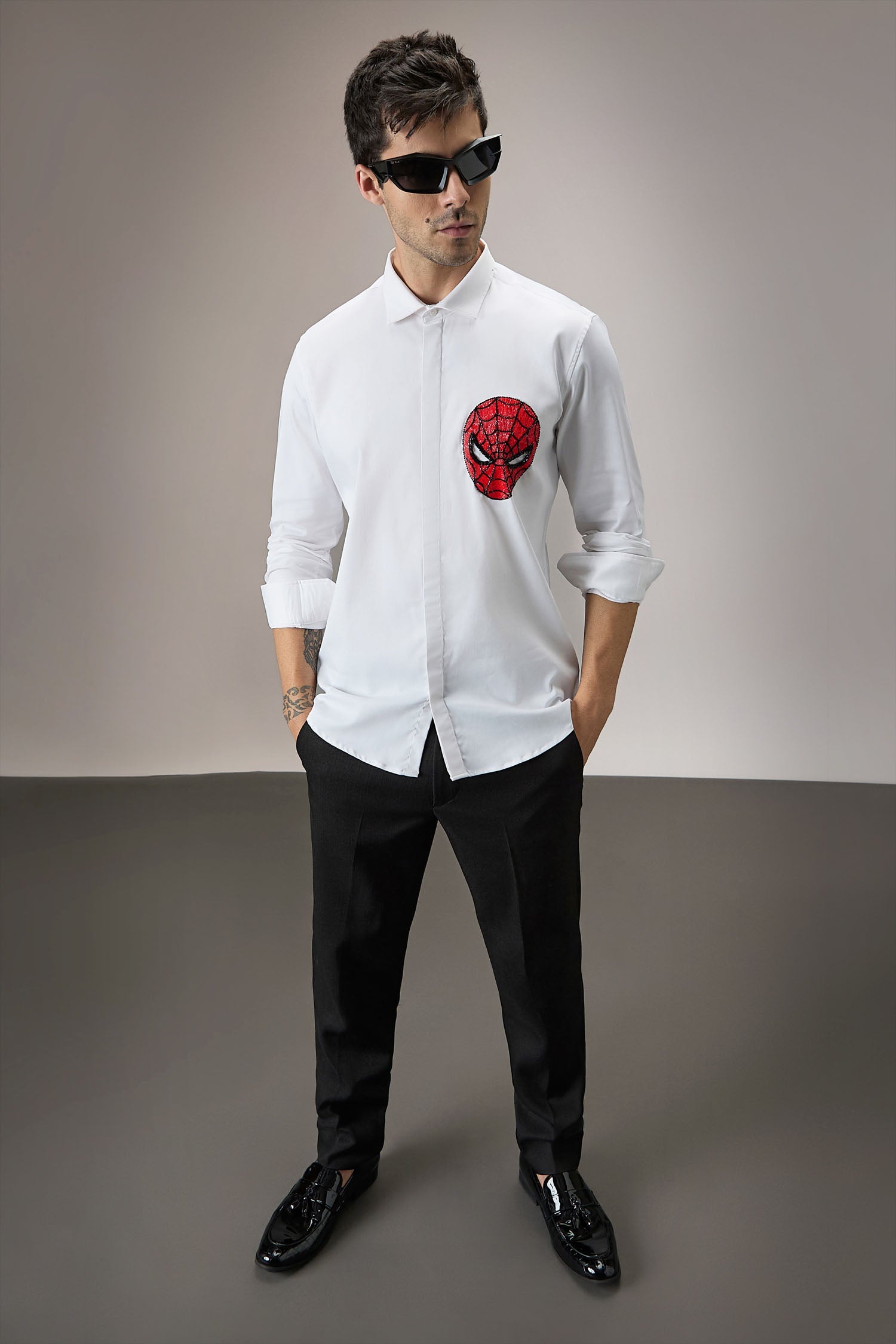 Spiderman - Hand Embroidered Designer Shirt - White