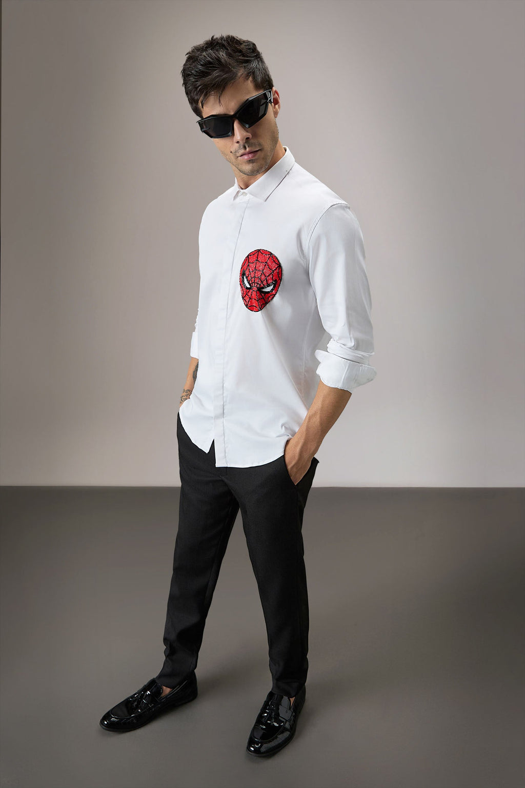 Spiderman - Hand Embroidered Designer Shirt - White