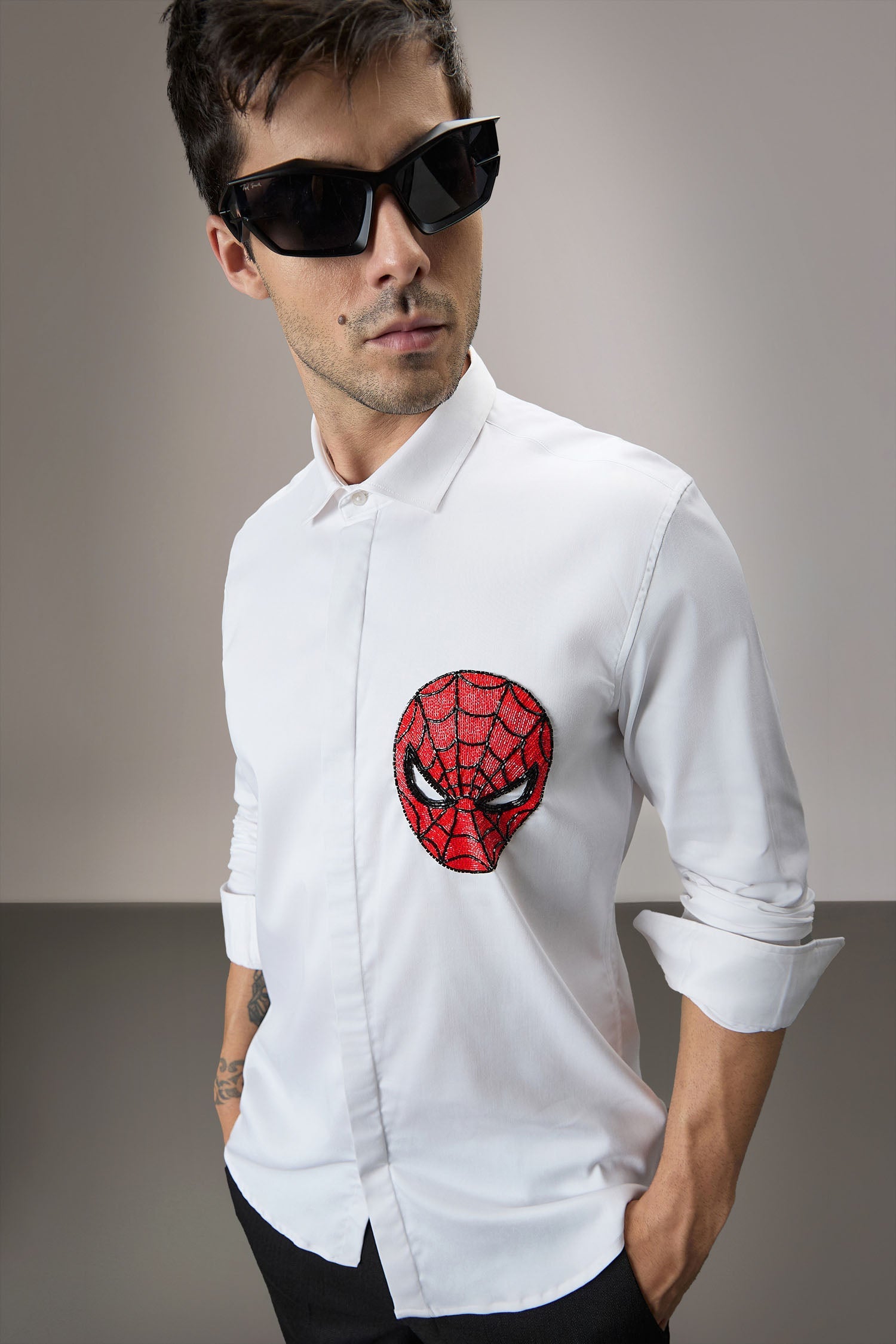 Spiderman - Hand Embroidered Designer Shirt - White