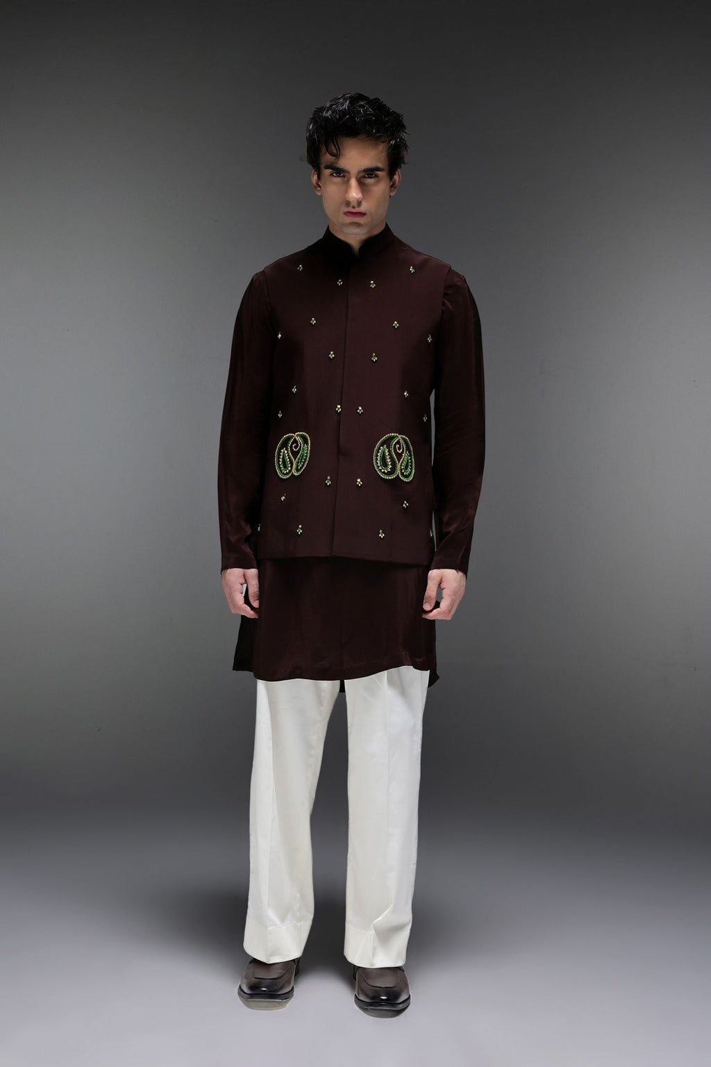 Paisley - Hand Embroidered Designer Bundi With Kurta - Brown