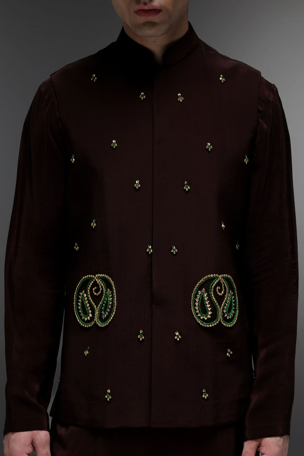 Paisley - Hand Embroidered Designer Bundi With Kurta - Brown