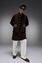 Paisley - Hand Embroidered Designer Bundi With Kurta - Brown