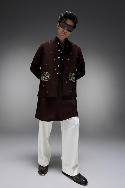 Paisley - Hand Embroidered Designer Bundi With Kurta - Brown