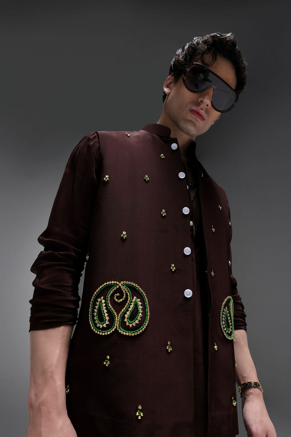Paisley - Hand Embroidered Designer Bundi With Kurta - Brown