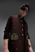 Paisley - Hand Embroidered Designer Bundi With Kurta - Brown