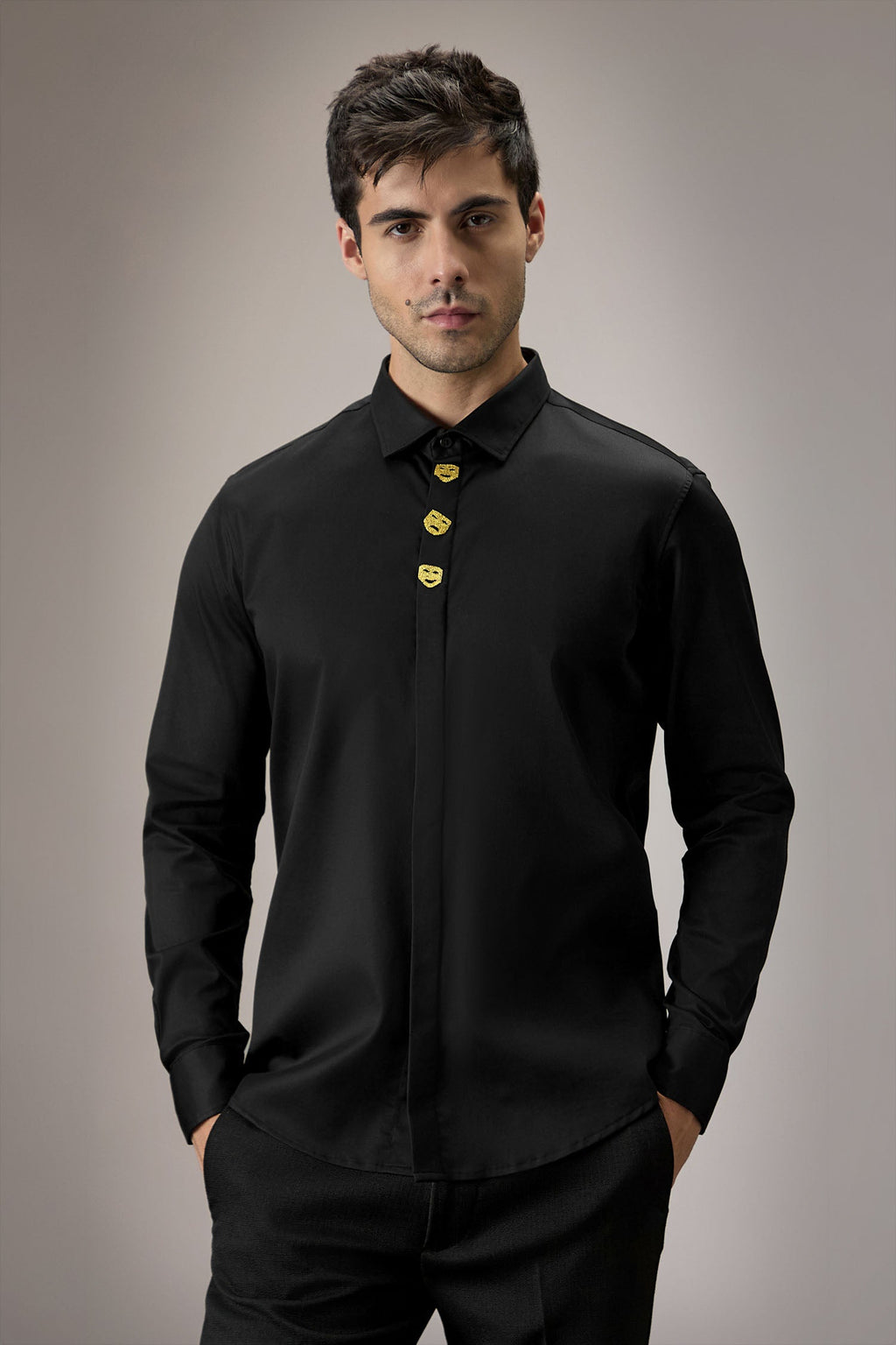 Faces - Hand Embroidered Designer Shirt - Black