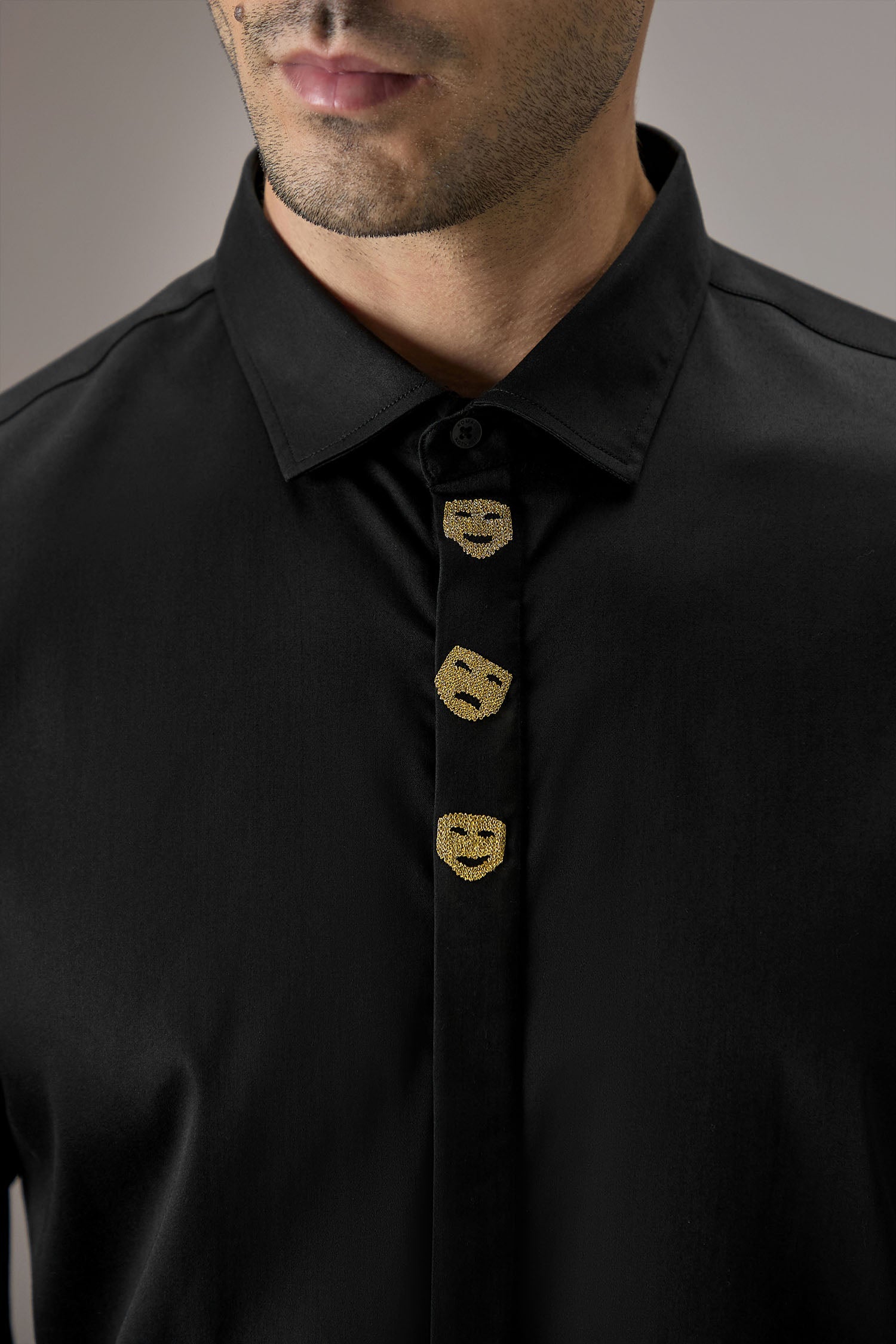 Faces - Hand Embroidered Designer Shirt - Black