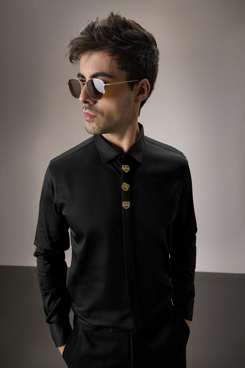 Faces - Hand Embroidered Designer Shirt - Black