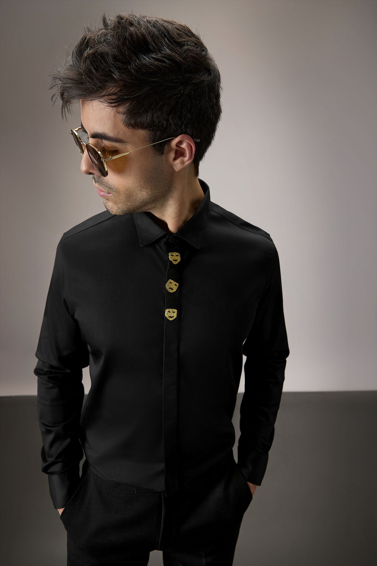 Faces - Hand Embroidered Designer Shirt - Black