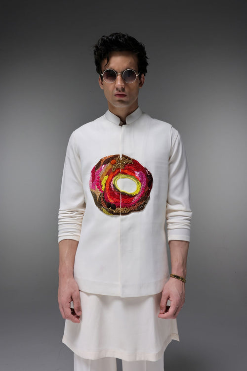 Spectrum - Hand Embroidered Designer Bundi With Kurta - Ivory