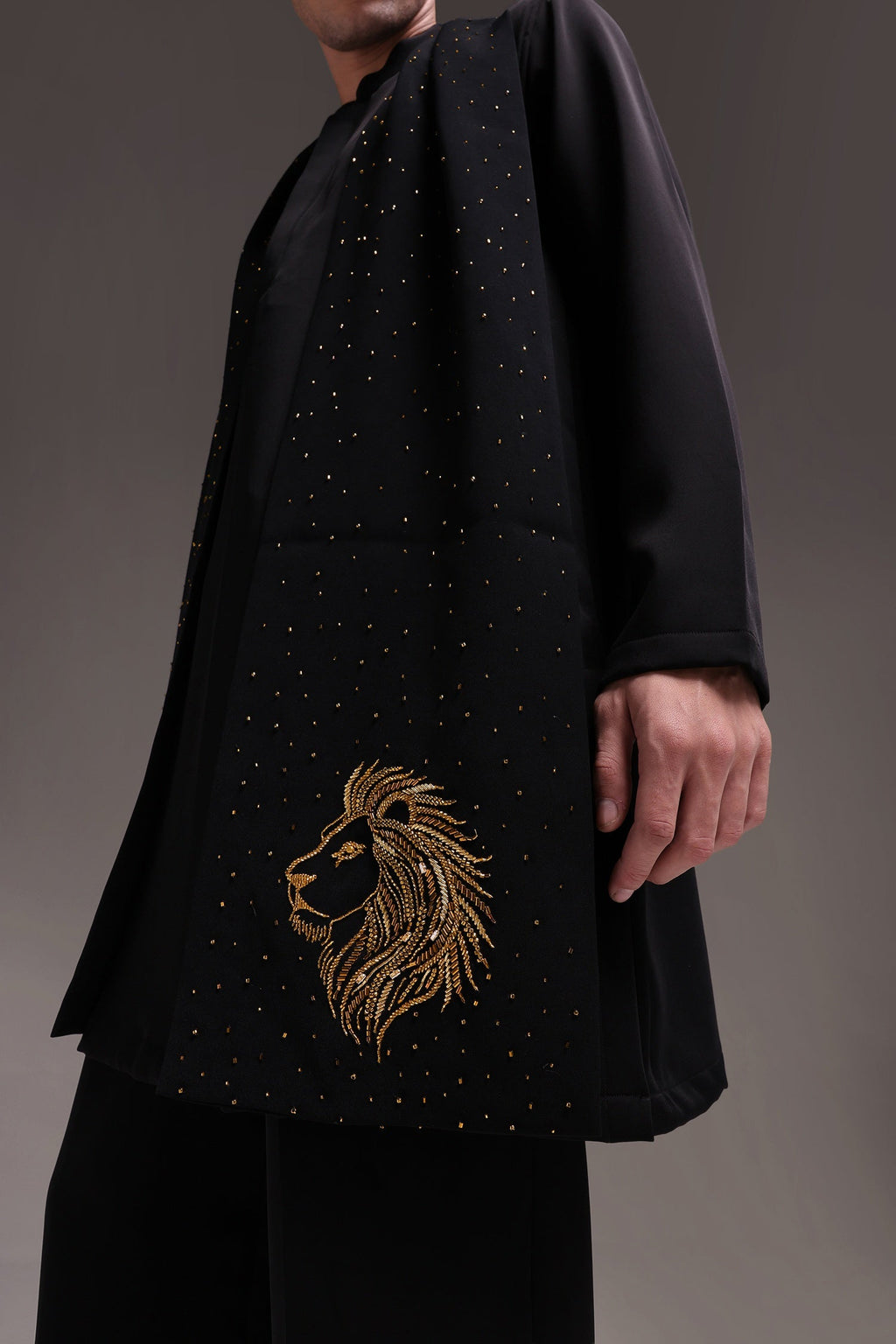 Lion - Hand Embroidered Designer Shawl - Black