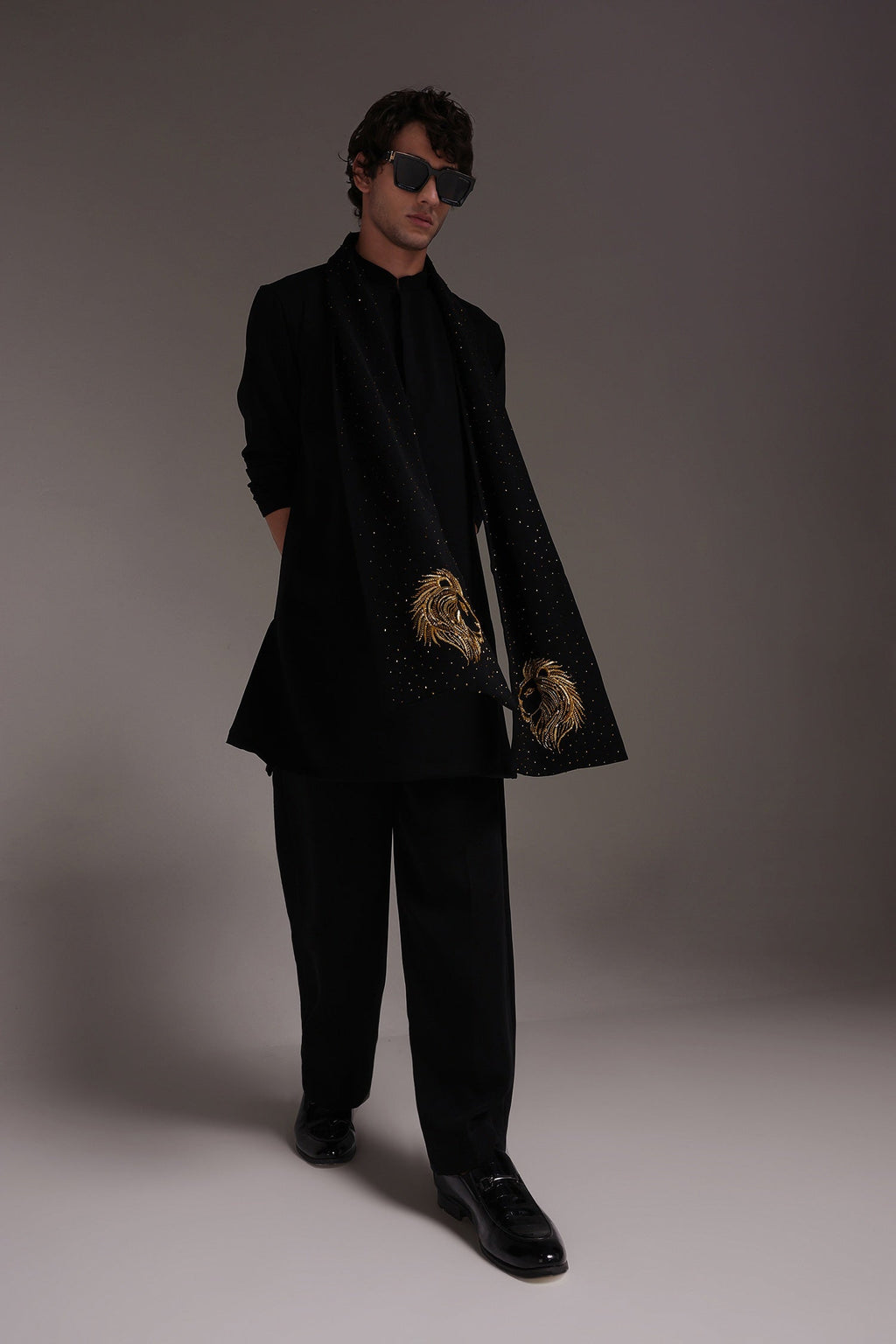 Lion - Hand Embroidered Designer Shawl - Black